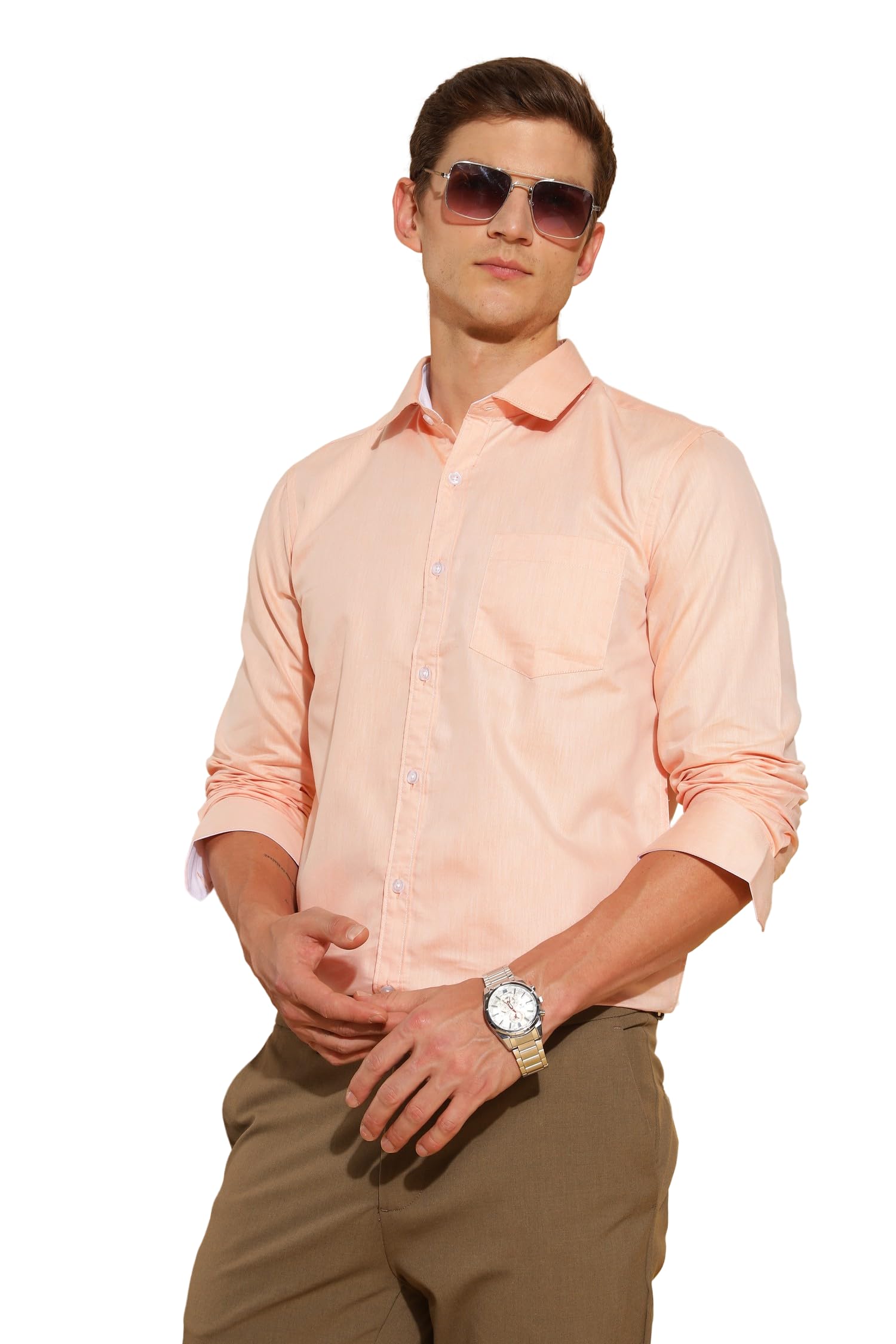 Janasya Men's Regular Fit Cotton Blend Shirt - Full Sleeve| Functional Pocket | Stylized Collar Band | Formal Shirts for Men in neutral