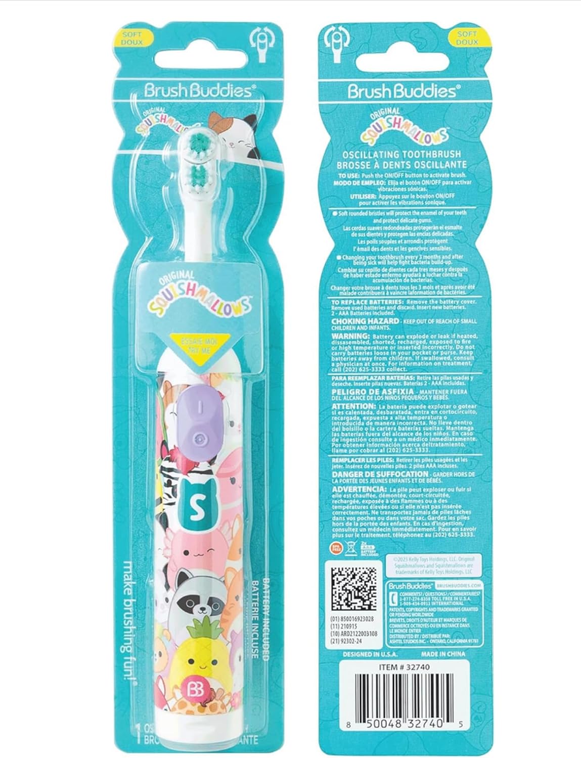Brush Buddies Battery Powered Toothbrush Featuring Squishmallows, Oscillating 360 Degree Cleaning Power, Soft Rounded Bristles Electric Toothbrush for Adults, Battery Toothbrush