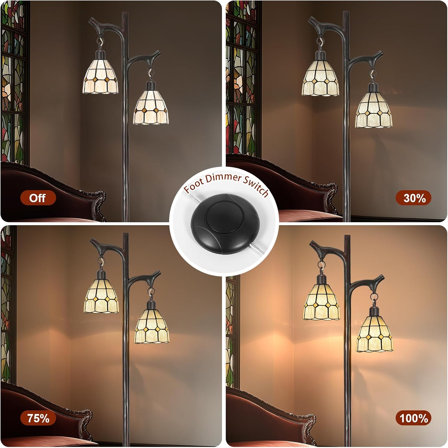 68" Tiffany Style Stained Glass Floor Lamp for Living Room,Modern Industrial Vintage Standing Floor Lamp for Bedroom,Stepless Dimmable Rustic Tree Trunk Tall Lamp for Study Room (Bulb Included)