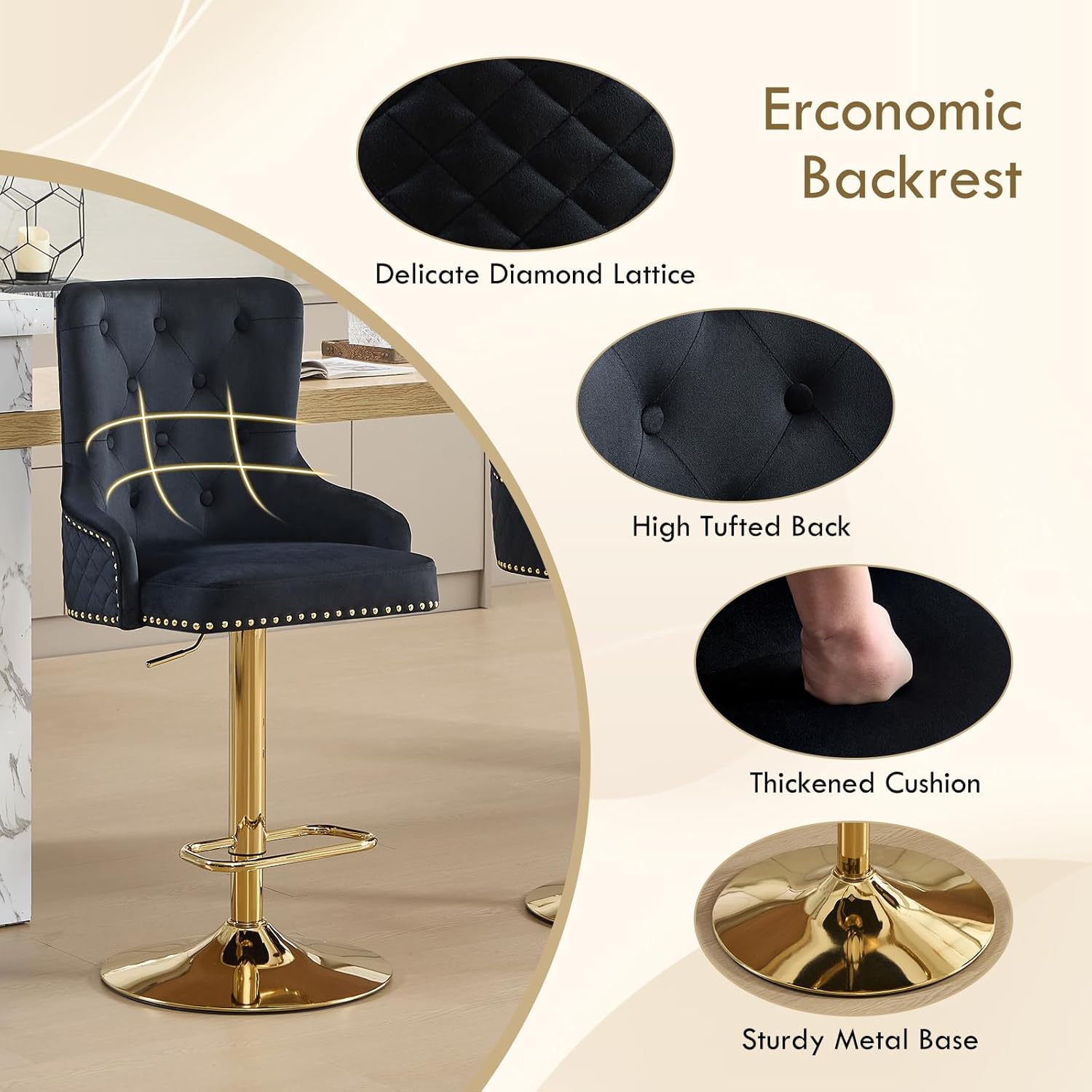 Gold Barstools Set of 6,Velvet Swivel Bar Height Stools with Lion Pull Ring,Upholstered Counter Height Stools with High Tufted Back,Modern Adjustable Bar Chairs for Kitchen Island/Cafe, Black