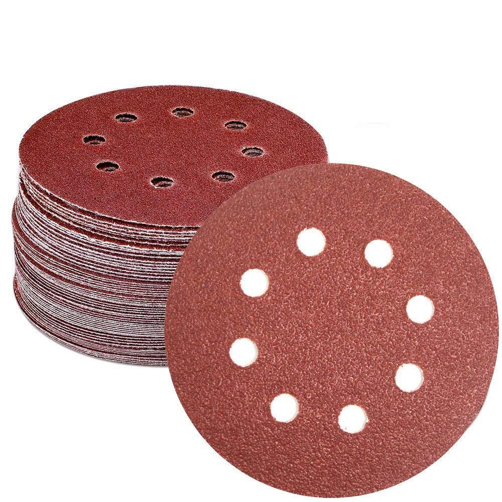 WINGONEER 50PCS Sanding Discs Pads, 5Inch 8Hole 40Grit Hook and Loop