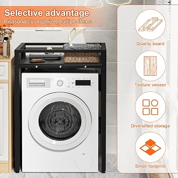 Washing Machine Storage Rack, Over The Washer and Dryer Shelf, Adjustable Laundry Room Organizer with Shelves, Space Saver Washer Stand, Multi-Purpose Washing Machine Stand for Bathroom Balcony Black
