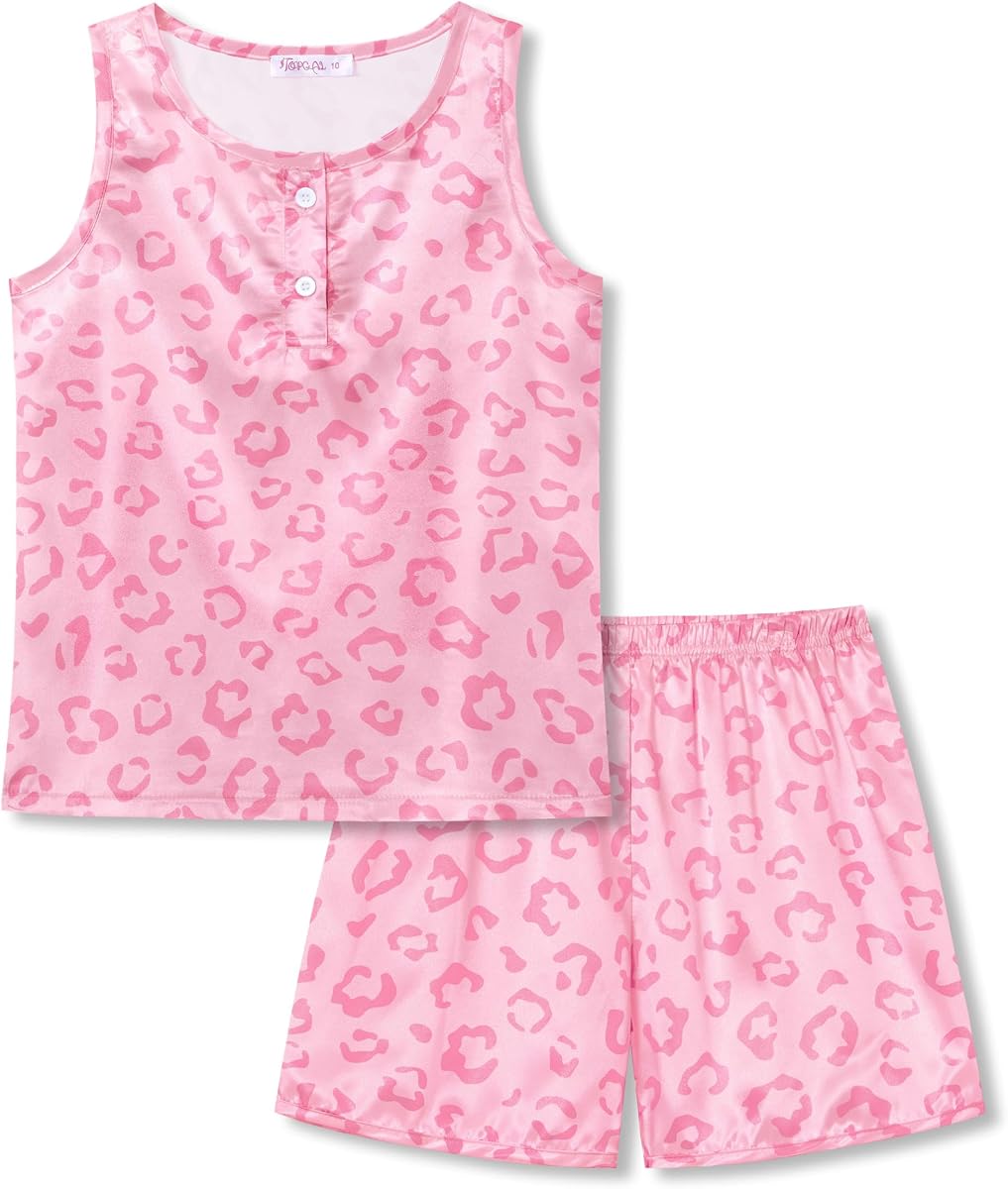 Topgal Pijama de satén sedoso para niñas, camiseta sin mangas y pantalones cortos de 2 piezas, tallas 6-16 | Sensación suave y sedosa, comodidad ligera, pijamas de verano, estampados de lazo y leopardo, ajuste sin cordones, ropa para fiestas de pijamas, estilo moderno