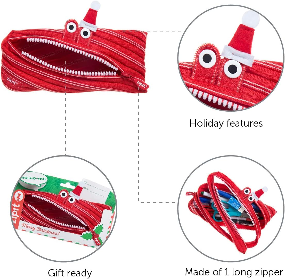 ZIPIT Christmas Monster Pencil Case for Kids | Christmas Themed Holiday Gift for Kids | Pencil Bag for Boys & Girls (Red) Pencil Case Red