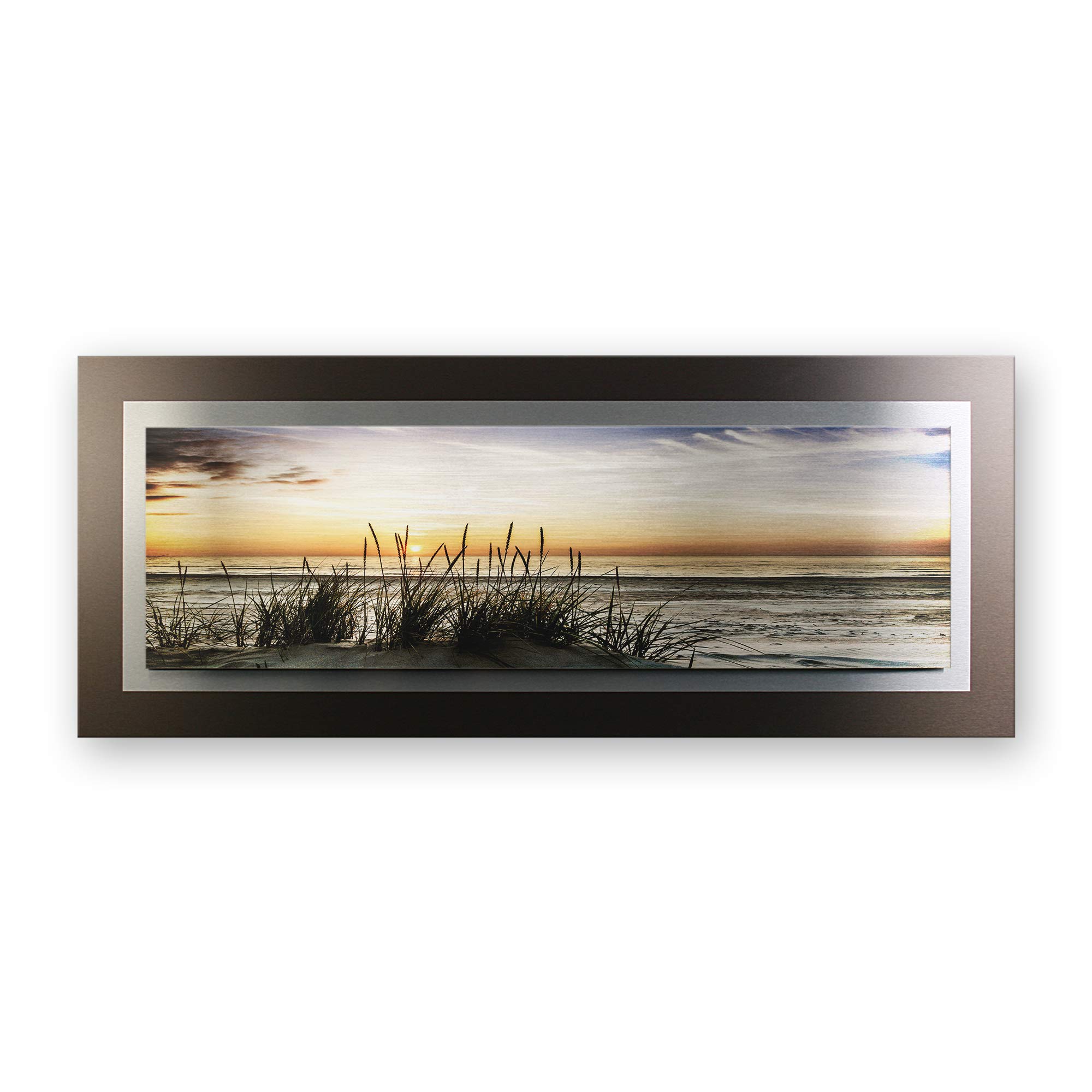 Kreative Feder 3D Metallic-Wandbild aus gebürstetem Alu-Verbund | Abendlicher Strand | modernes Designer Bild in XXL | 100 x 40 cm