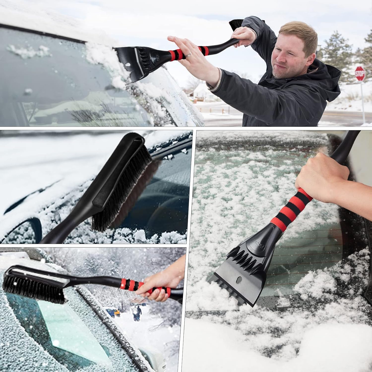 FOVAL Eiskratzer Schneebürste (68,6 cm), breiterer Schneeschaber (12 cm Breite), Schneeräumungs-Autobürste mit bequemem Schaumstoffgriff für Autos, LKWs, SUVs, Windschutzscheibe, Fenster –