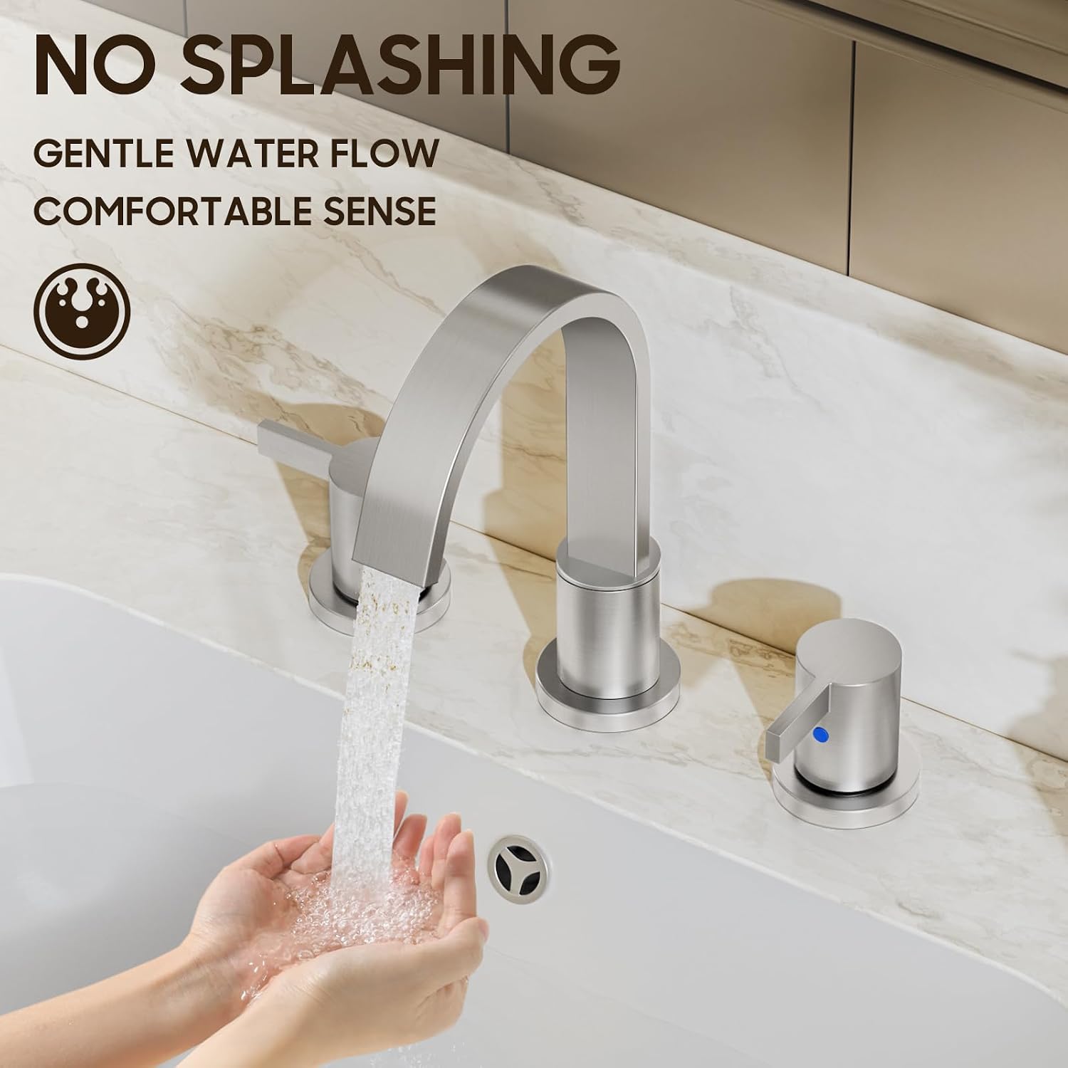 Phiestina 8 Inch Brushed Nickel Waterfall 2-Handle 3-Hole Widespread Bathroom Faucet with Pop-up Drain and Valve, WF40-1-BN