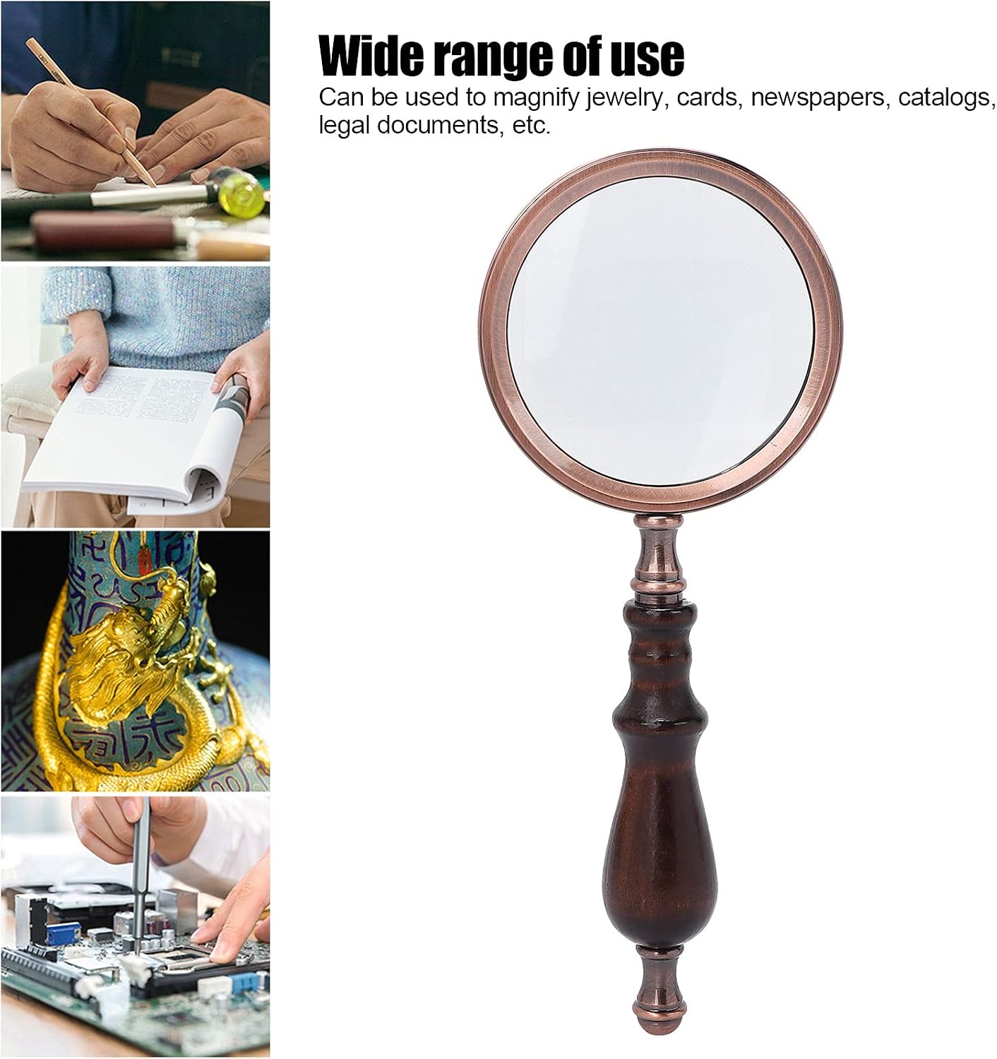 10X Magnification Handheld Magnifier with Ebony Wood Handle and Metal Frame, Large Reading Glass for Books, Small Fonts, Jewelry, Elderly Use, Collectible Gift, Optical Glass Design