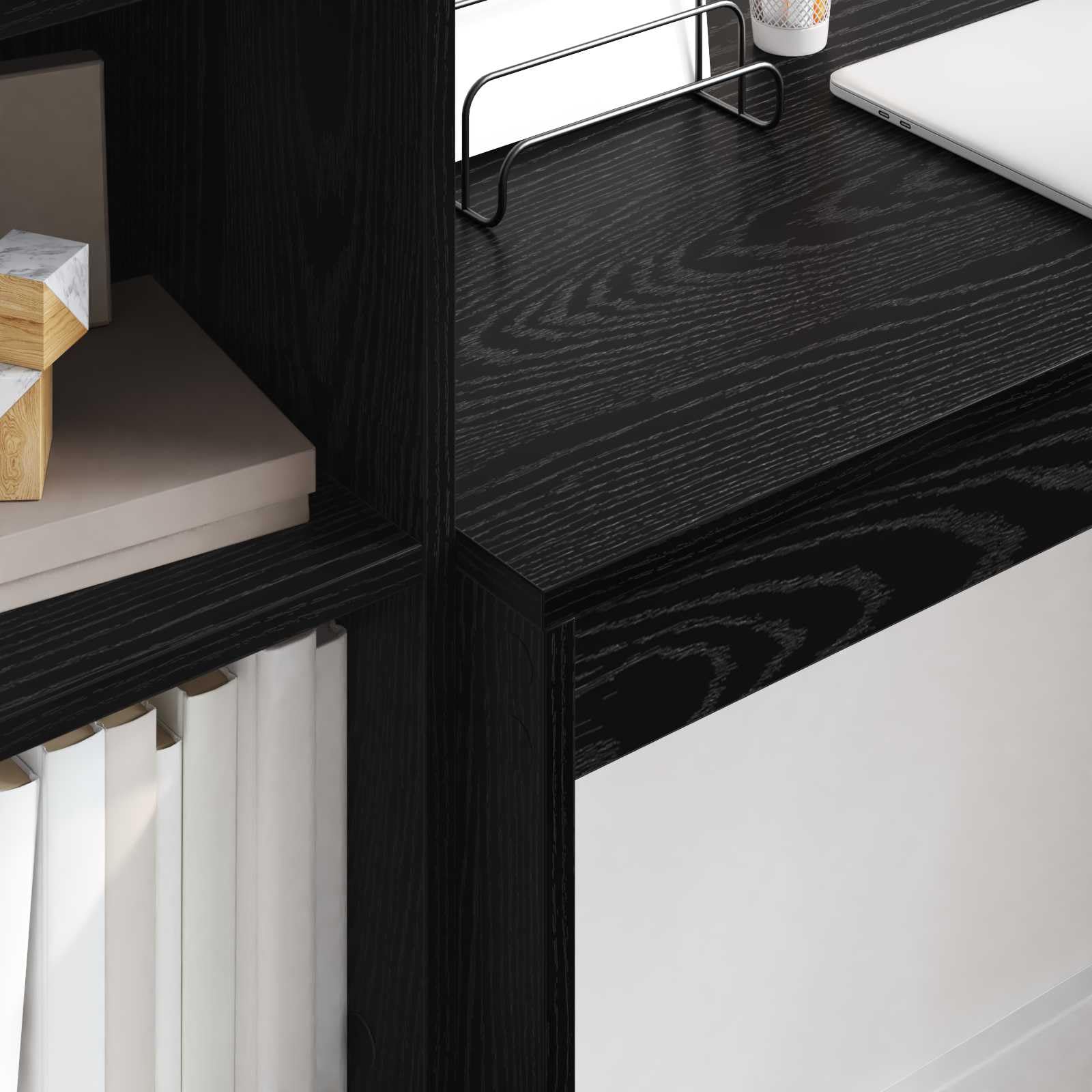 Juego de 2 escritorios con cajones, aspecto de roble negro, gran superficie de trabajo, mesa de madera, 6 estantes, para oficina en casa, espacio de almacenamiento para ordenador portátil