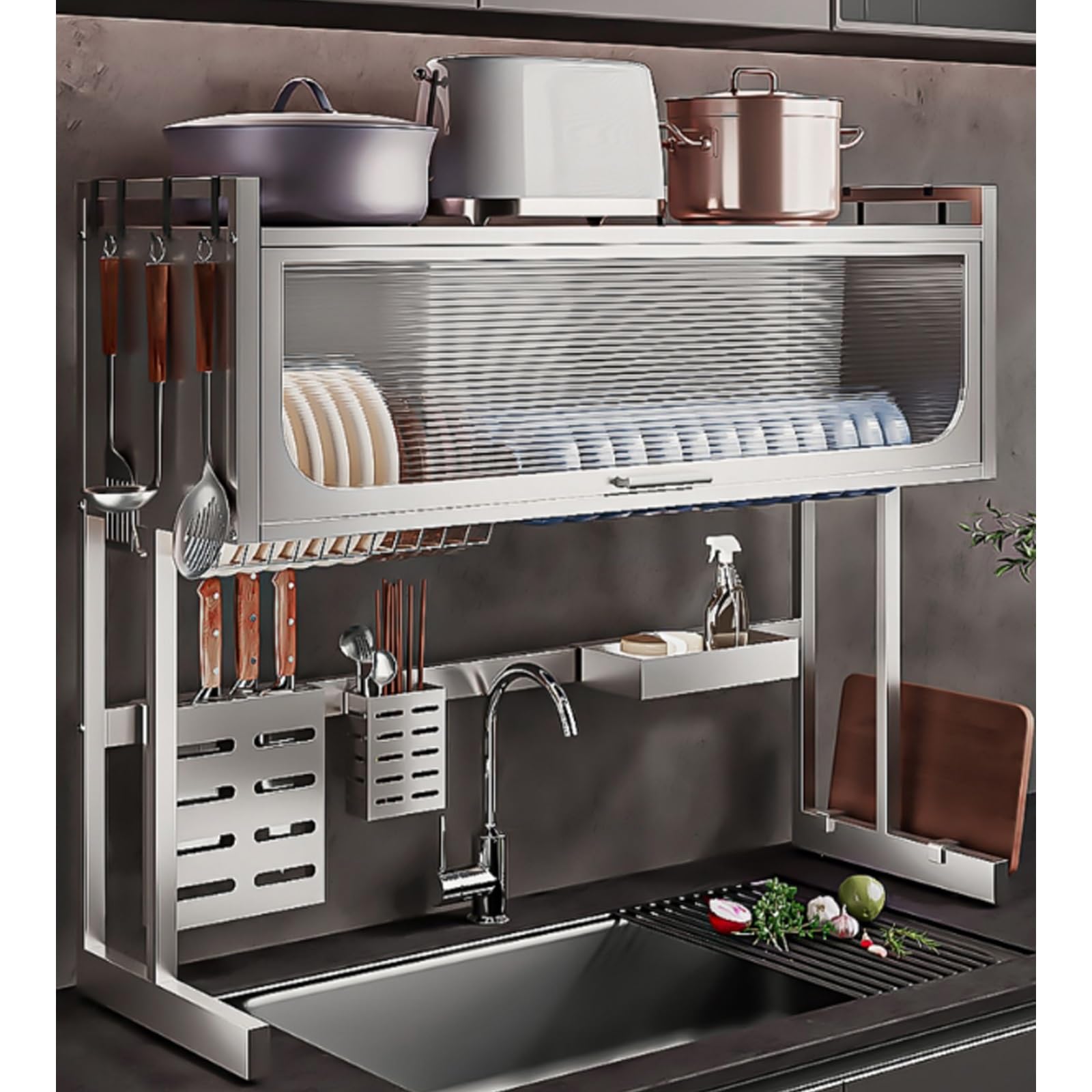 CAFIEDR Stainless Steel 2-Tier Over Sink Dish Drying Rack, Space-Saving Flip Door Design, Large Multifunctional Counter Shelf For Dishes, Glasses, And Bowls.105cm/41.3in