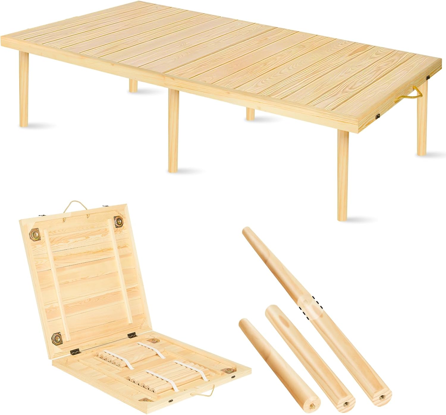 CUKBLESS Boho Folding Picnic Table, 59.4x28.3 Inches Wooden Low Portable Table with Carrying Handle, 3 Height Settings 13/14.6/27.6 Inches for Beach Camping BBQs