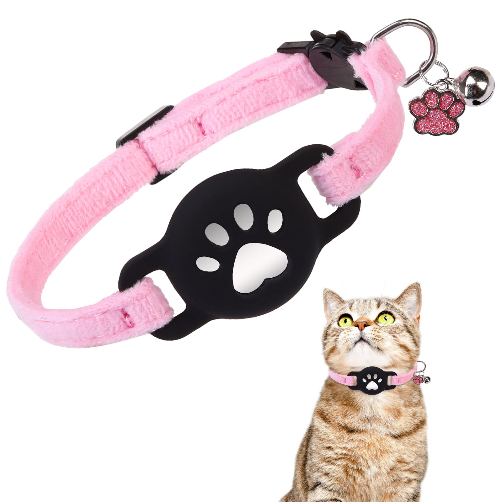 DILLYBUD Airtag Cat Collar Breakaway, Cute GPS Cat Tracker Collars with Air Tag Holder, Safety Cat Collars with Bell & Pendant for Girl Boy Cats, Pink
