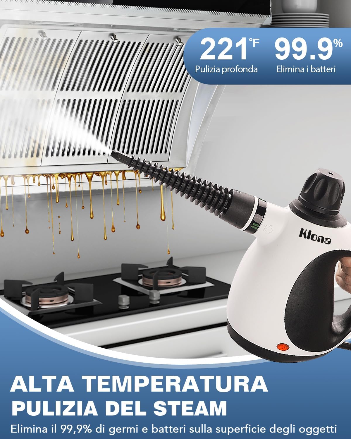 KLONA Pulitore a vapore manuale, pulitore a vapore per la casa, multiuso, con 10 accessori e serratura di sicurezza per tappeti, tende, divani, cucina