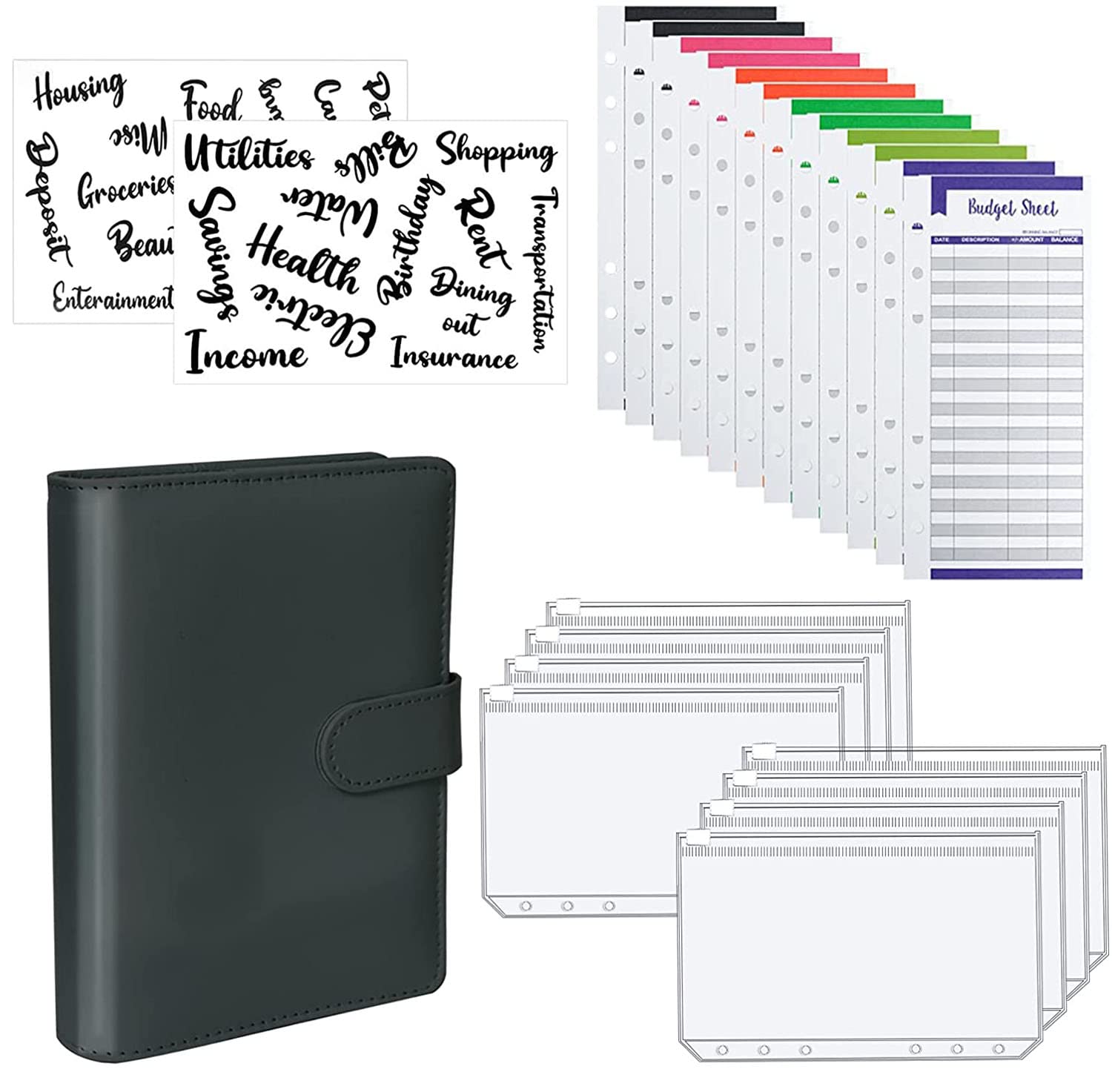Wawasia 23 PCS PU Leather Cover Budget Notebook Binder with Cash Envelopes, Magnetic Zipper, Budget Sheets, Words Sticker Binder, A6 Pocket Budget Binder Black