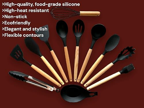 Miniatura 3 de Juego de utensilios de cocina de silicona de 12 piezas con soporte giratorio y soporte para cuchara (negro)