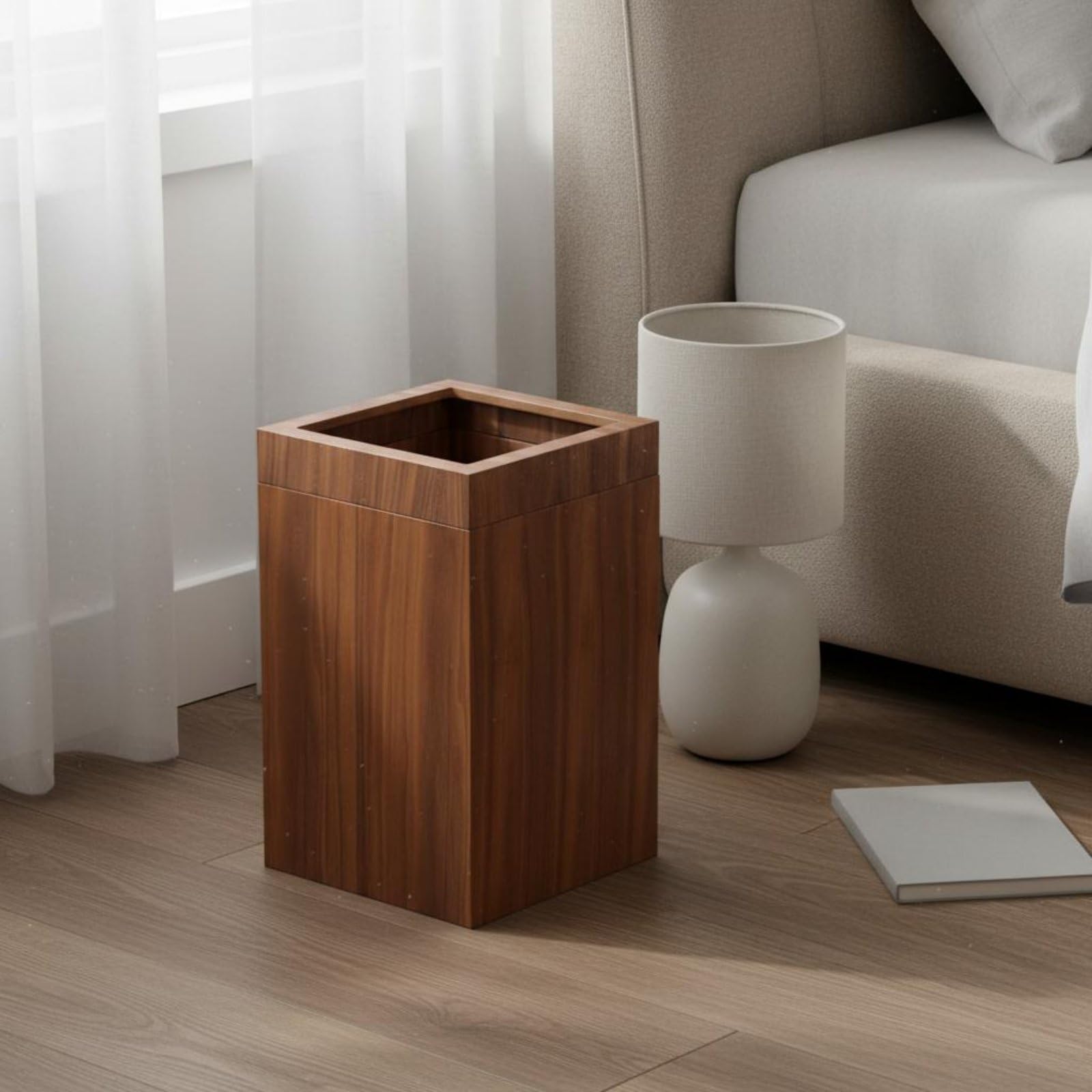 Qianly Holz Mülleimer natürliche Holzoptik rechteckiger Papierkorb stabil und skandinavischer Design Mülleimer für Wohnzimmer, Schlafzimmer, Büro, color to 1, Quadrat