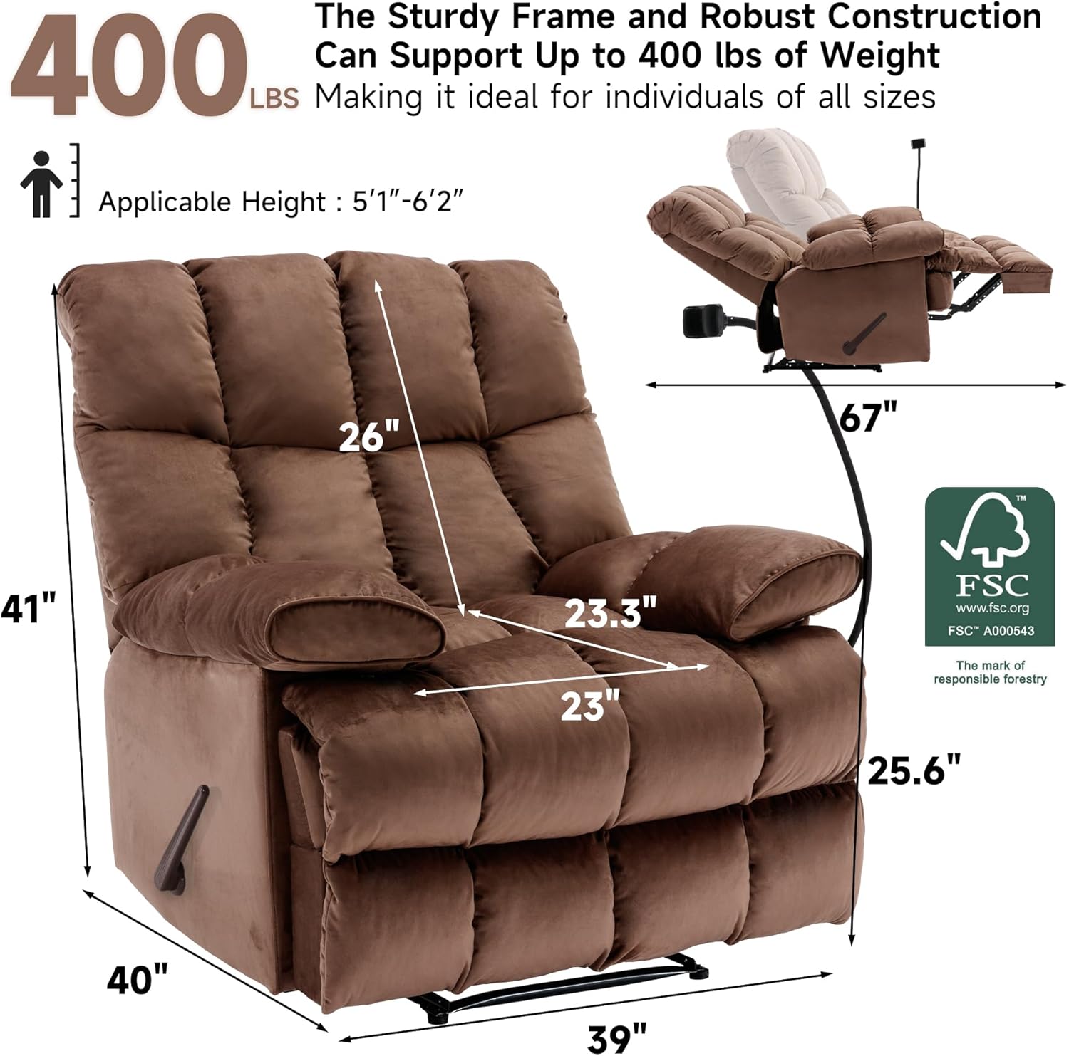 Euthymia Oversized Recliner Chair, Big and Tall Recliner Chairs for Adults 400LBS, Large Recliner Chair, Extra Wide Recliner for Living Room, Brown