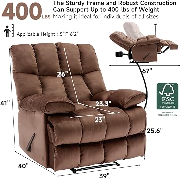 Oversized Recliner Chair with Phone Holder, Velvet Extra Large Recliner Chair, Manual Wide Recliner for Living Room, Bedroom, Brown