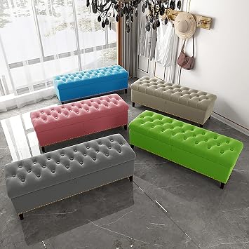 Velvet Storage Bench,Luxurious Storage Bench End of Bed Bench,Buttons Upholstered Bench with Storage,Modern Storage Benches Bedroom Bench Storage Chest-Light Green 80x40x45cm(31x16x18inch)