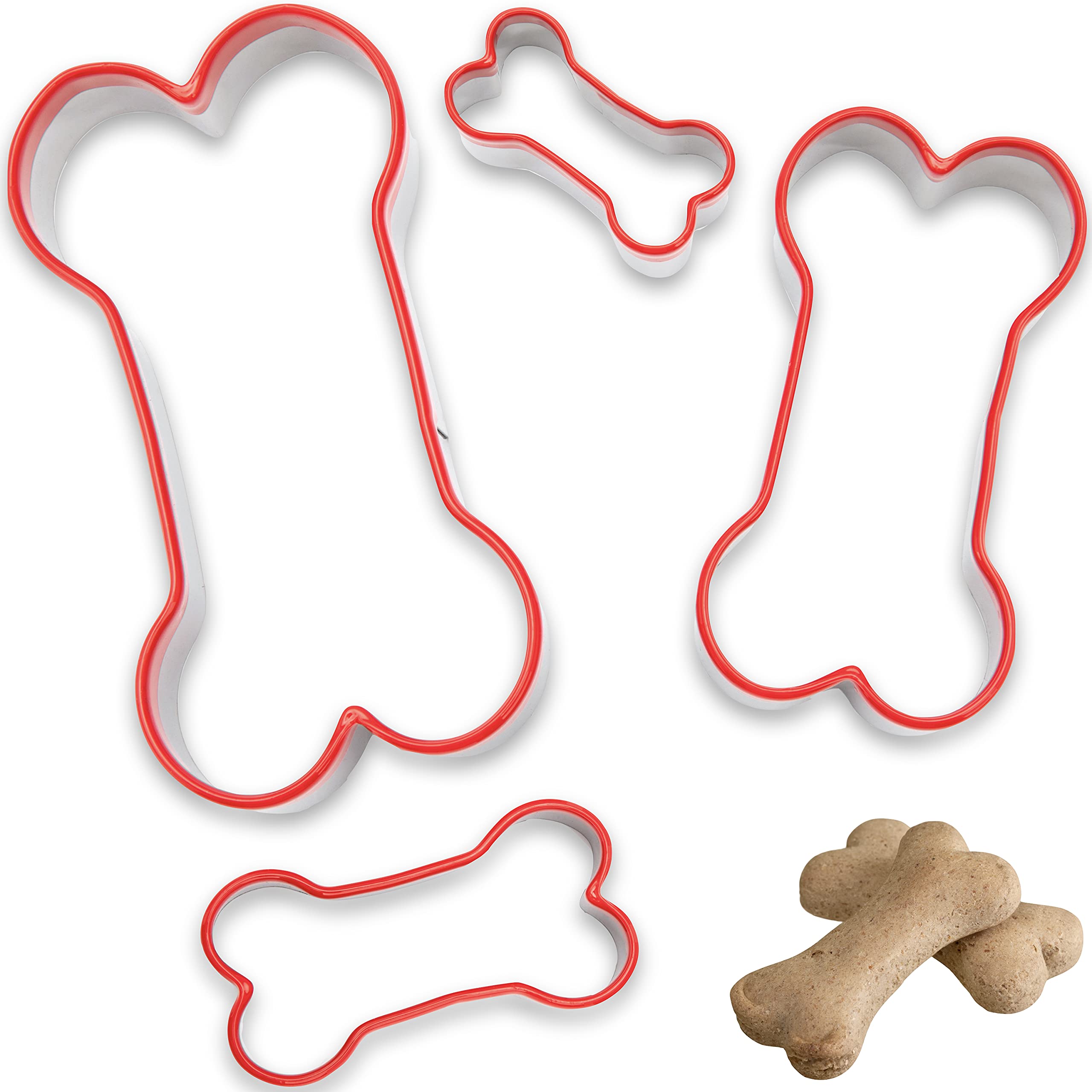 COOKIEQUE 4 Pieces Dog Bone Cookie Cutters Set, Dog Treats Cookie Cutter, Dog Bone Shapes Cutters, Homemade Dog Biscuit Treats Cutters, Coated with Soft PVC for Protection,4.7" 3.9'' 3.2'' 2.4"