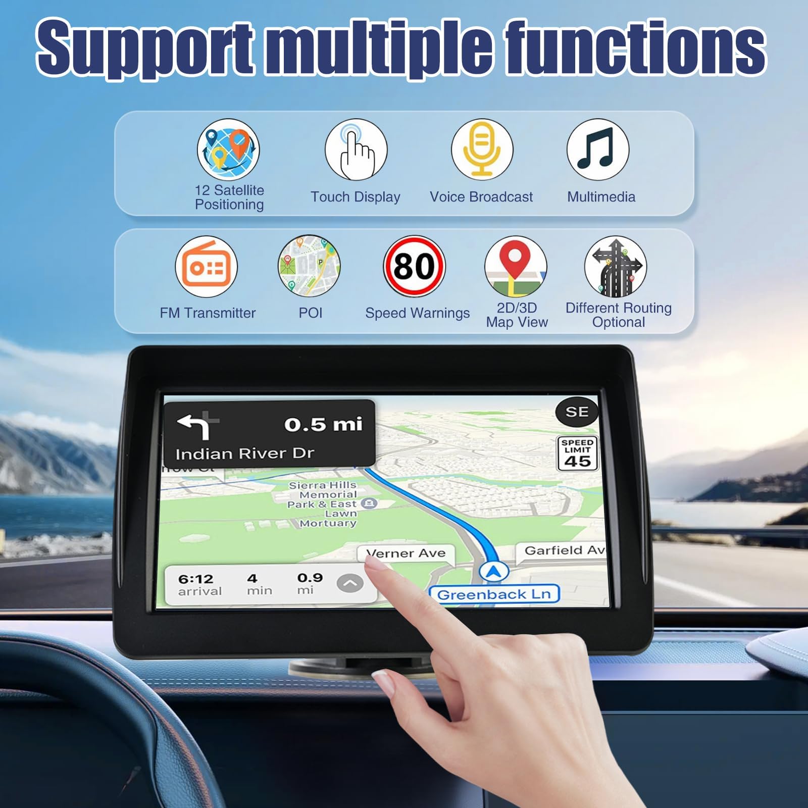 7Inch Sat Nav for Cars & Trucks HD touch screen with UK & Europe maps, HGV routes, lifetime updates, postcode search, speed camera alerts, voice guidance, and POI support for safer, easier navigation — view 3