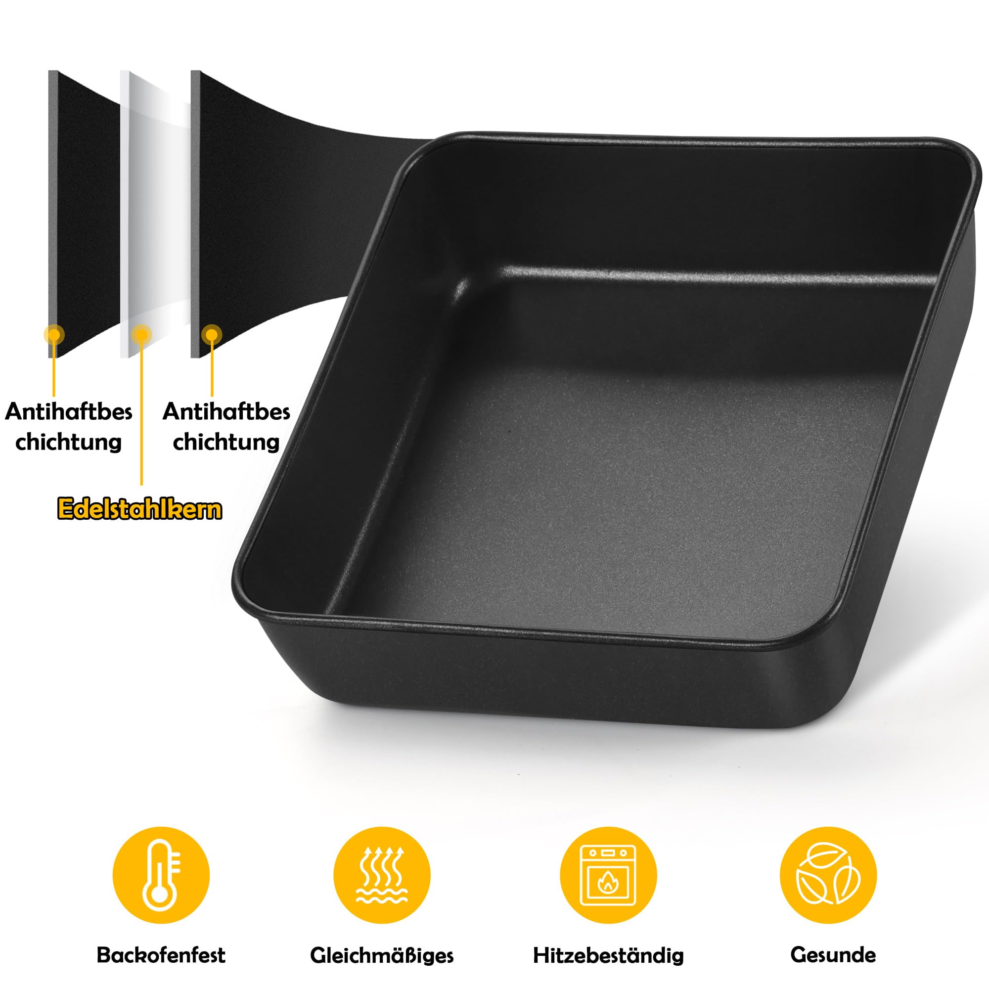 Joyfair Bakplaat, roestvrij stalen ovenplaat met luchtdicht deksel, 26,5 x 20,5 x 5 cm, zwart, anti-aanbak, rechthoekige ovenschaal voor cake/lasagne/ brownie, gezond en niet giftig, ovenvast en