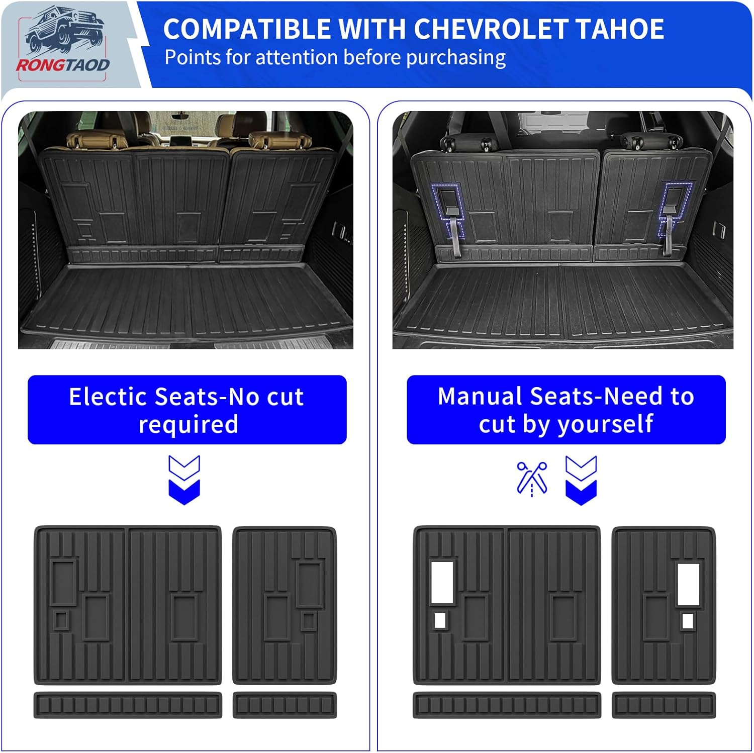 Rongtaod Cargo Mat Compatible with 2022-2025 2026 Chevrolet Tahoe GMC Yukon Trunk Mat Trunk Liner Cargo Liner All Weather Back Seat Cover 2024 Chevy Tahoe Accessories (Backrest Mats+Trunk Mat)