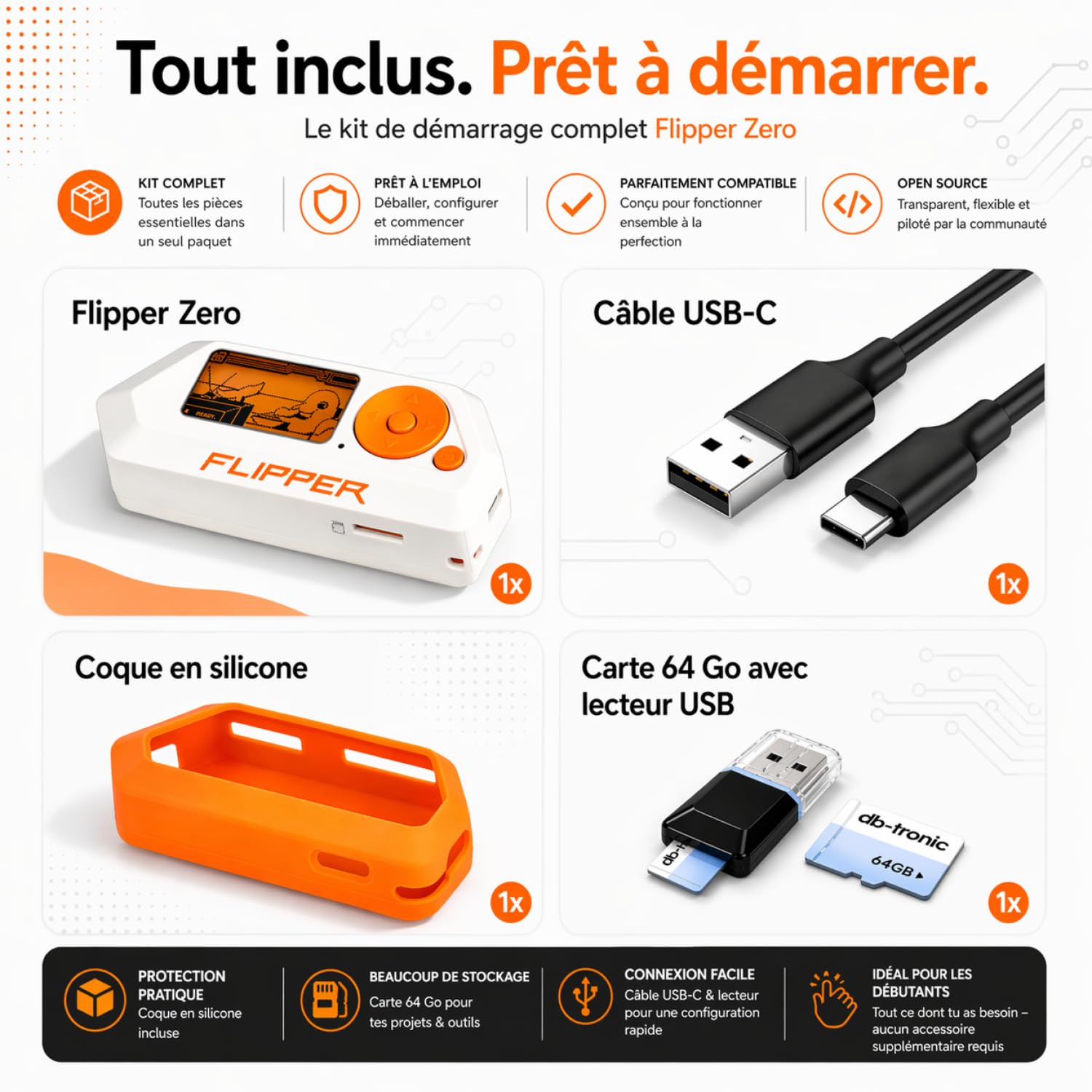 Flipper Zero Protective Set | Flipper Zero | Coque en silicone | Câble USB-C | Carte mémoire 64 Go - Outil électronique tout-en-un : Sub-GHz, RFID, NFC, télécommande radio, infrarouge, open-source
