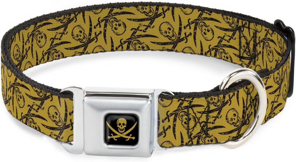 Dog Collar Seatbelt Buckle Pirates Skull Crossed Swords Scattered Weathered Tan Black 15 to 26 Inches 1.0 Inch Wide