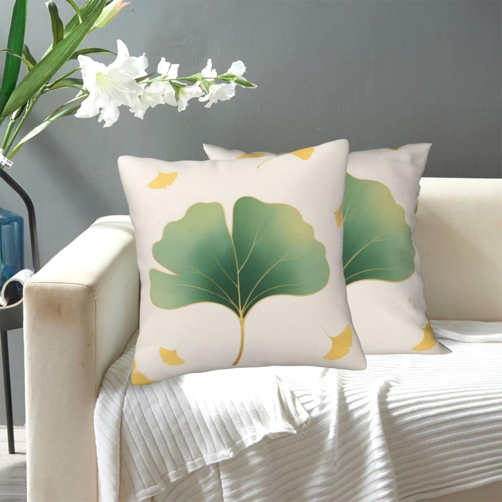 FekiLoot Decorative Throw Pillow Covers Modern Farmhouse Pillowcase Double Sided Cozy Cushion Cover for Sofa Couch Bed 20"X20" Green Ginkgo Leaves