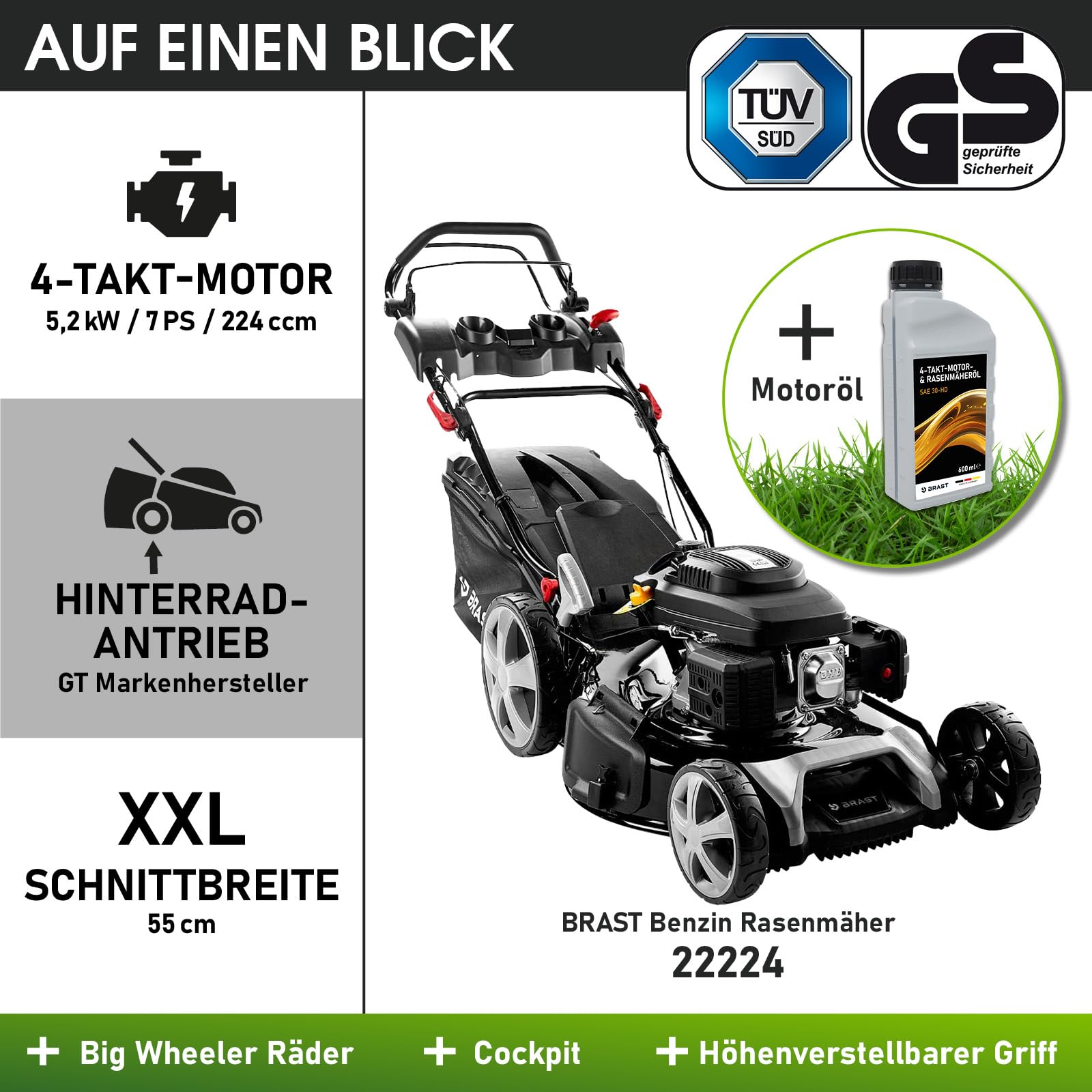 BRAST Benzin Rasenmäher mit Antrieb | 5,2kW (7PS) | 55cm Schnittbreite | viele Modelle | TÜV | 30-80mm Schnitthöhe | 60L Fangkorb | 4 Takt OHV Motor | Stahlgehäuse