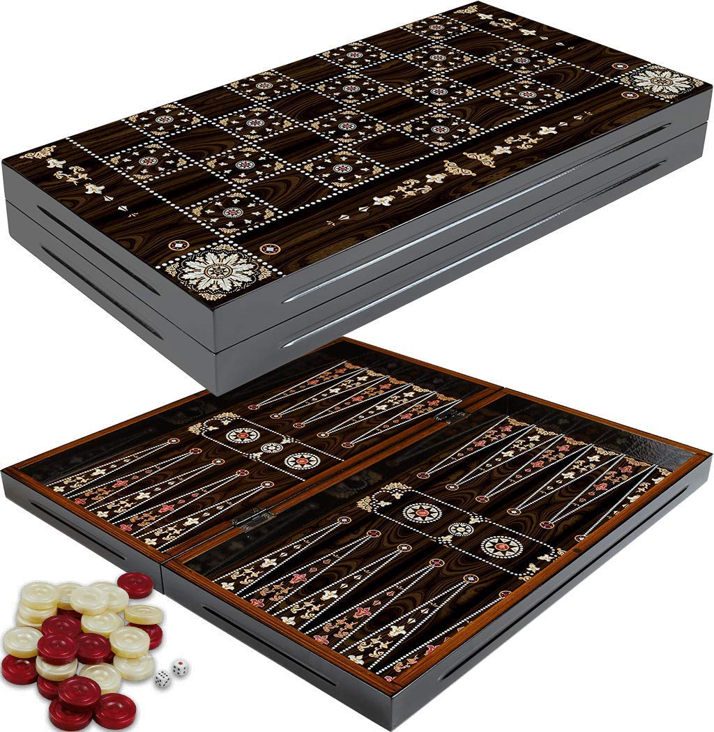 19" YENIGUN TAVLA WOODEN BACKGAMMON SET/BOARD GAME WITH PEARL DESIGN
