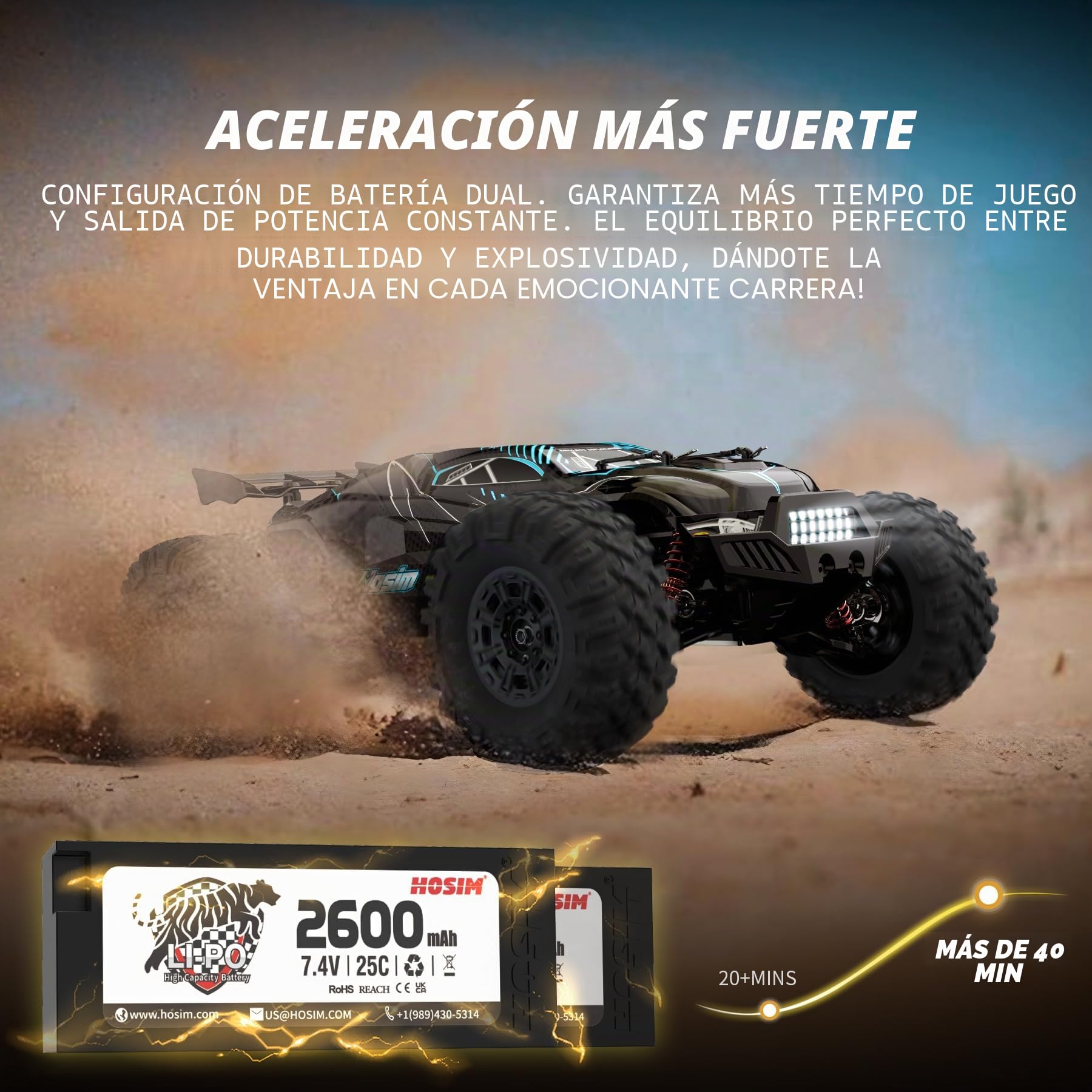 Hosim 1/10 RC Auto sin Escobillas para Adultos, 68+ km/h Alta Velocidad Coche Teledirigido, 4WD Impermeable Todo Terreno Offroad Hobby RC Truck Rápido, RC Eléctrico 2.4G con 2 Baterías para 40 Min