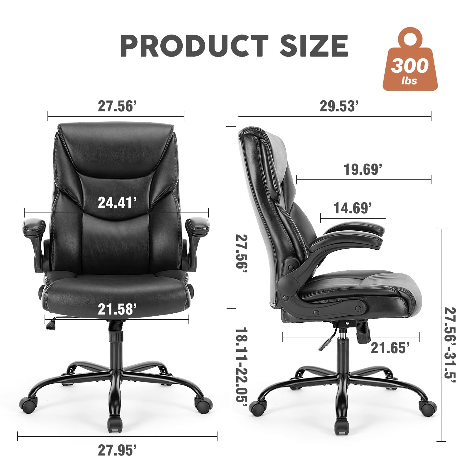 Silla de Oficina ergonómica de Cuero con Respaldo Ajustable a 120° y Capacidad de 125 kg (275 lbs) - Silla de Ordenador de Respaldo Alto con reposabrazos abatibles y Ruedas Flexibles de 360°