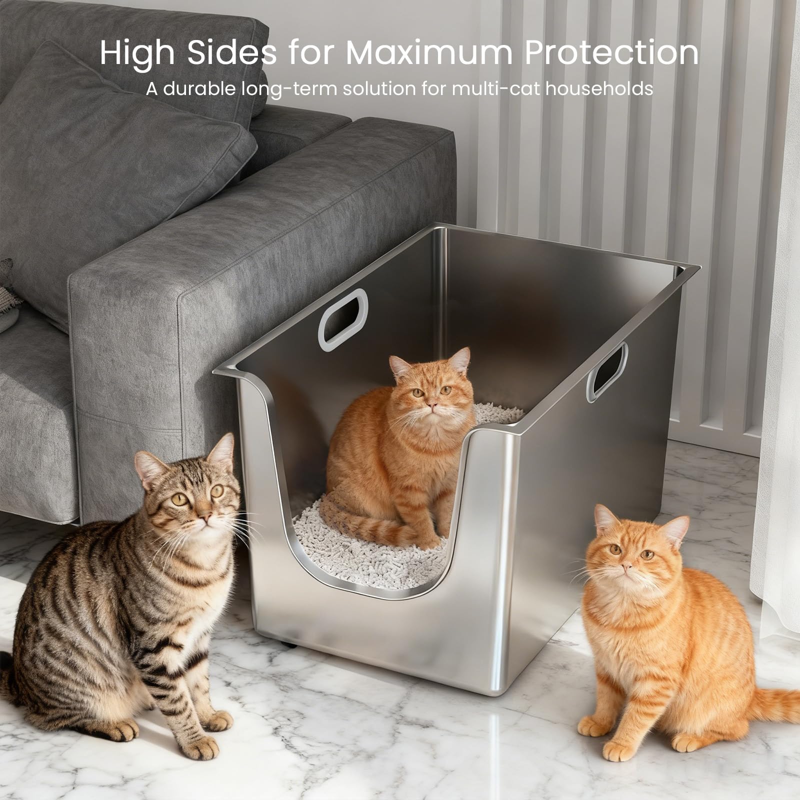 Kattenbak van Roestvrij Staal met Hoge Wanden voor Anti-spatwater, Geurloos, Veilig en Afneembaar Deksel, Verhoogde Privacy voor de Meeste Katten en Kleine en Middelgrote (Groot