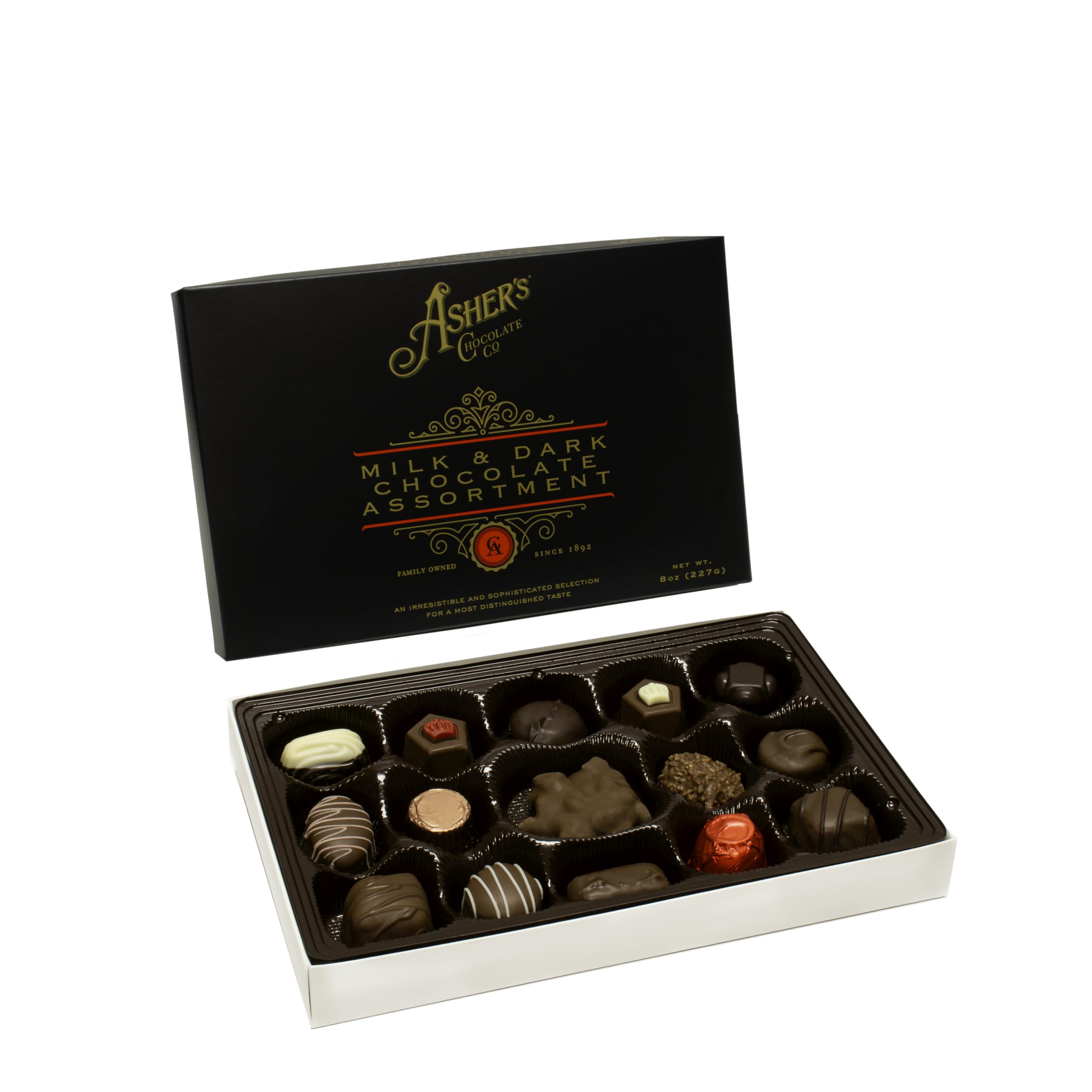 Asher's Chocolates, Milk and Dark Chocolate Assortment, Small Batches of Kosher Chocolate, Family Owned Since 1892, Assorted Chocolate Gift Set (16 Pieces, 8oz)