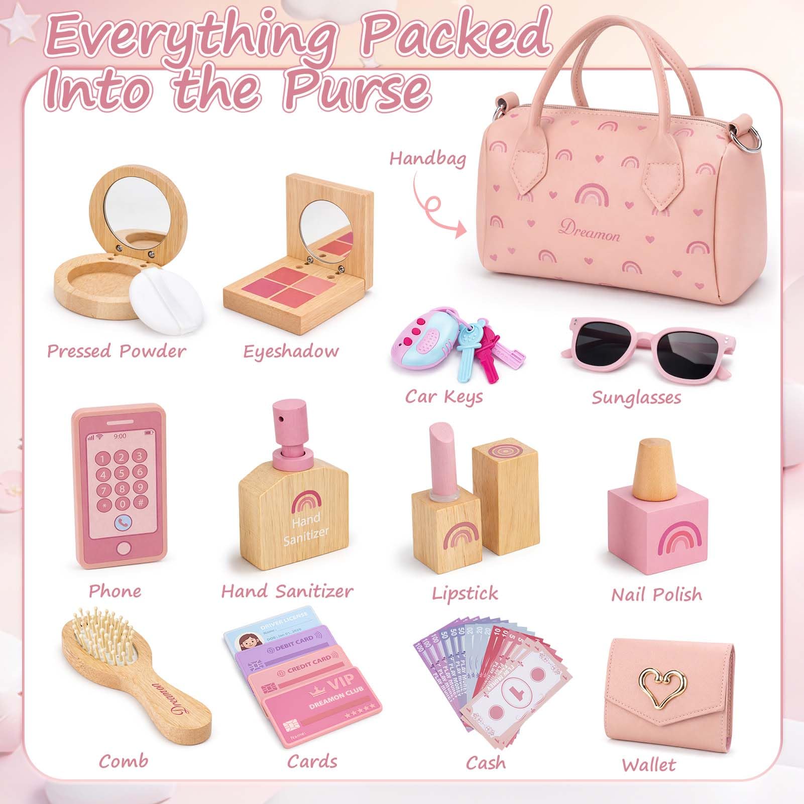Dreamon Play Purse for Little Girls - 30PCS Toddler Purse with Wooden Pretend Makeup Kit, Handbag, Phone, Wallet, Keys - Princess Pretend Play Toys Birthday Gift for Girls Age 3 4 5 6 + Year Old - 2