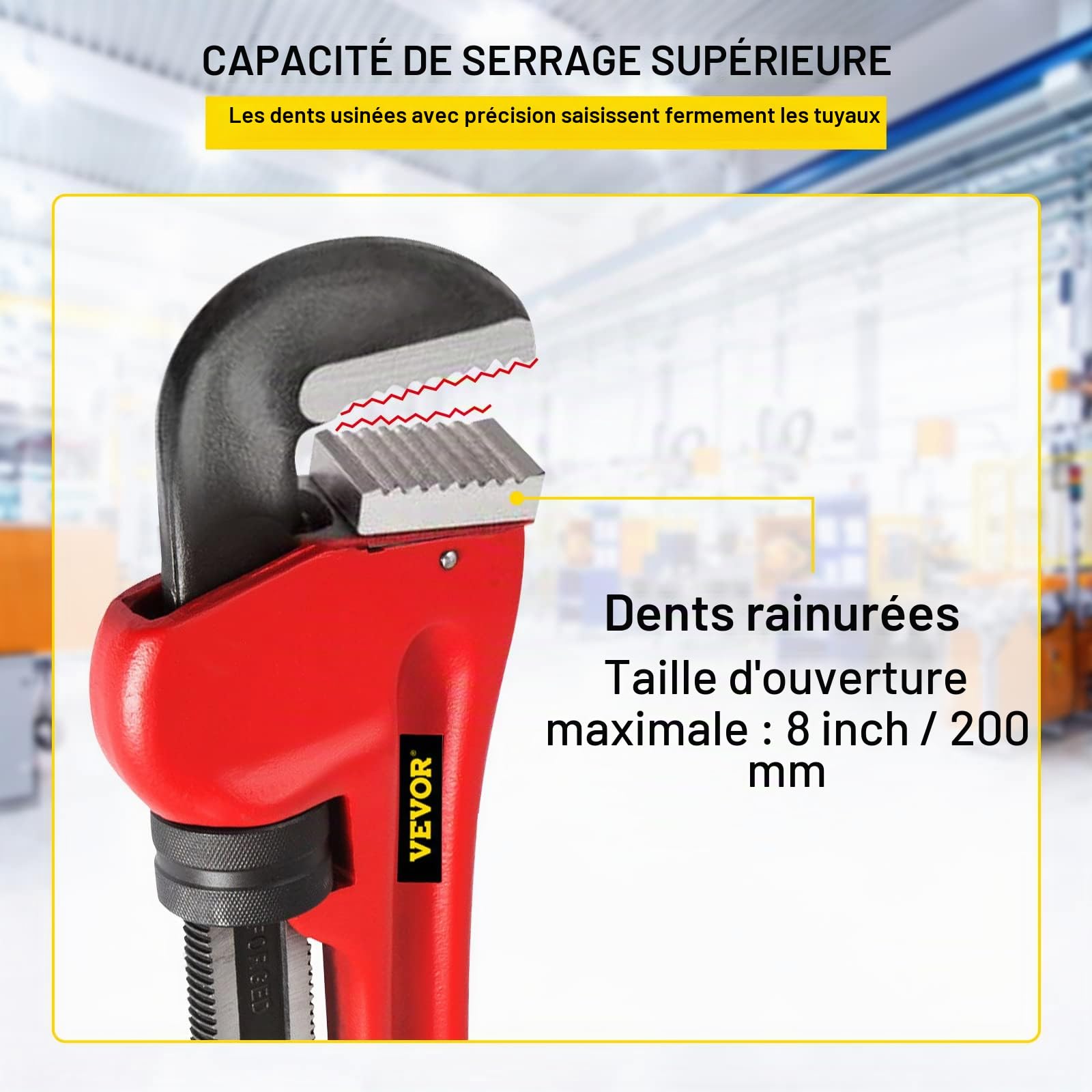VEVOR Clé Serre-tubes en Fonte de 110 cm, Clé à Griffe Mâchoire de 200 mm, Clé à Tuyau de Plomberie Réglable, Robuste, pour Robinet d'Évier, Cuvette de Toilette, Égouttoir, Salle de Bain, Cuisine