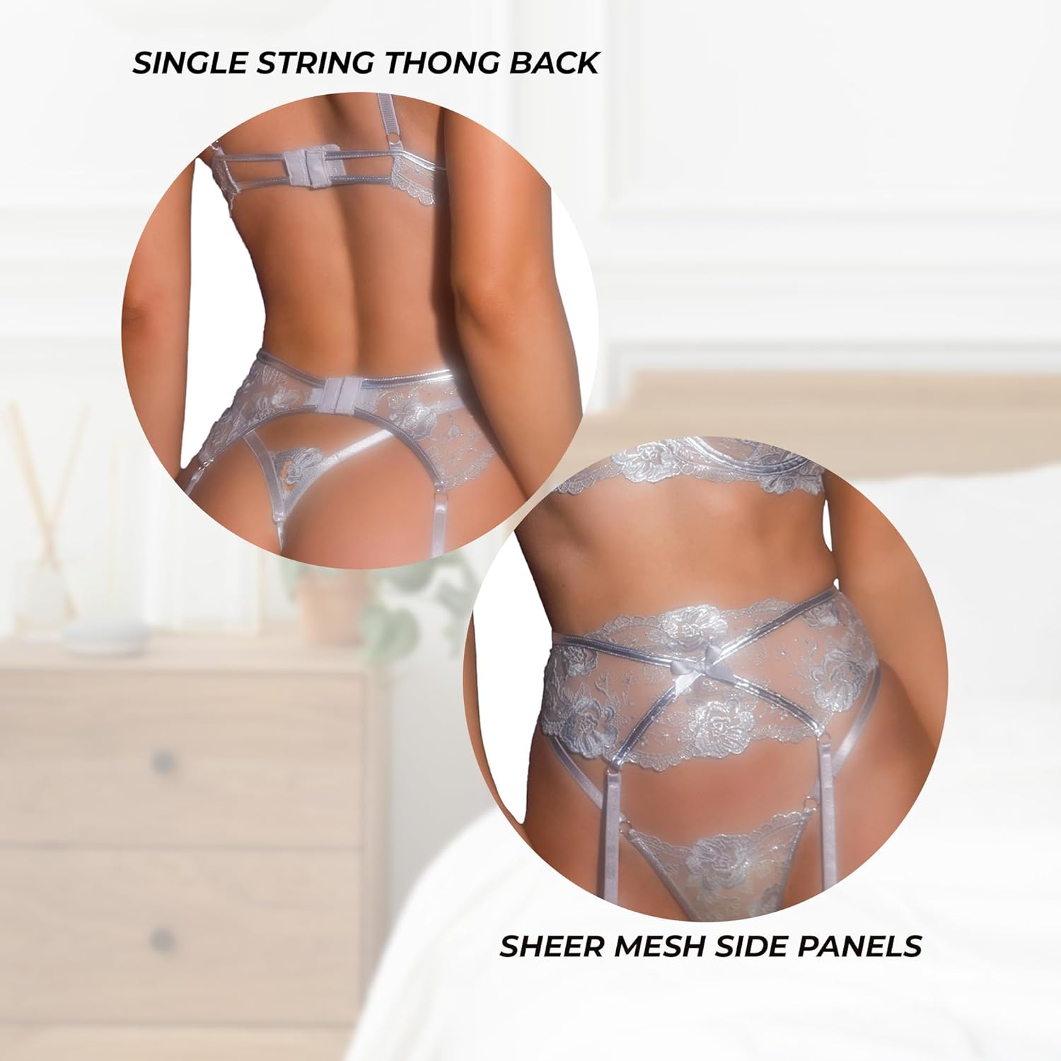 3 Piece Lingerie Set for Women with Garter Belt and Mock Thigh High Stockings, Roma Lace Garden of Eden Sexy Bra and Panty