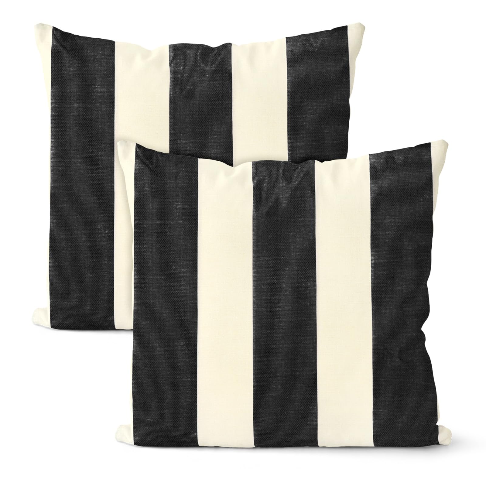 M METERXITY 2-Pack Outdoor Waterproof Throw Pillow Cover, 16x16 Inch Linen Striped Decorative Cushion Cover for Patio/Balcony/Garden, Water Resistant Pillow Case [Black] — image 1