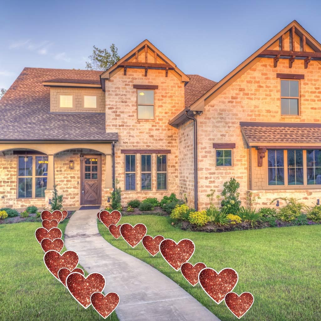 VictoryStore Valentines Outdoor Lawn Decorations: Valentine's Day Glitter Print Red Hearts Yard Decoration 20 Red Hearts Includes Stakes