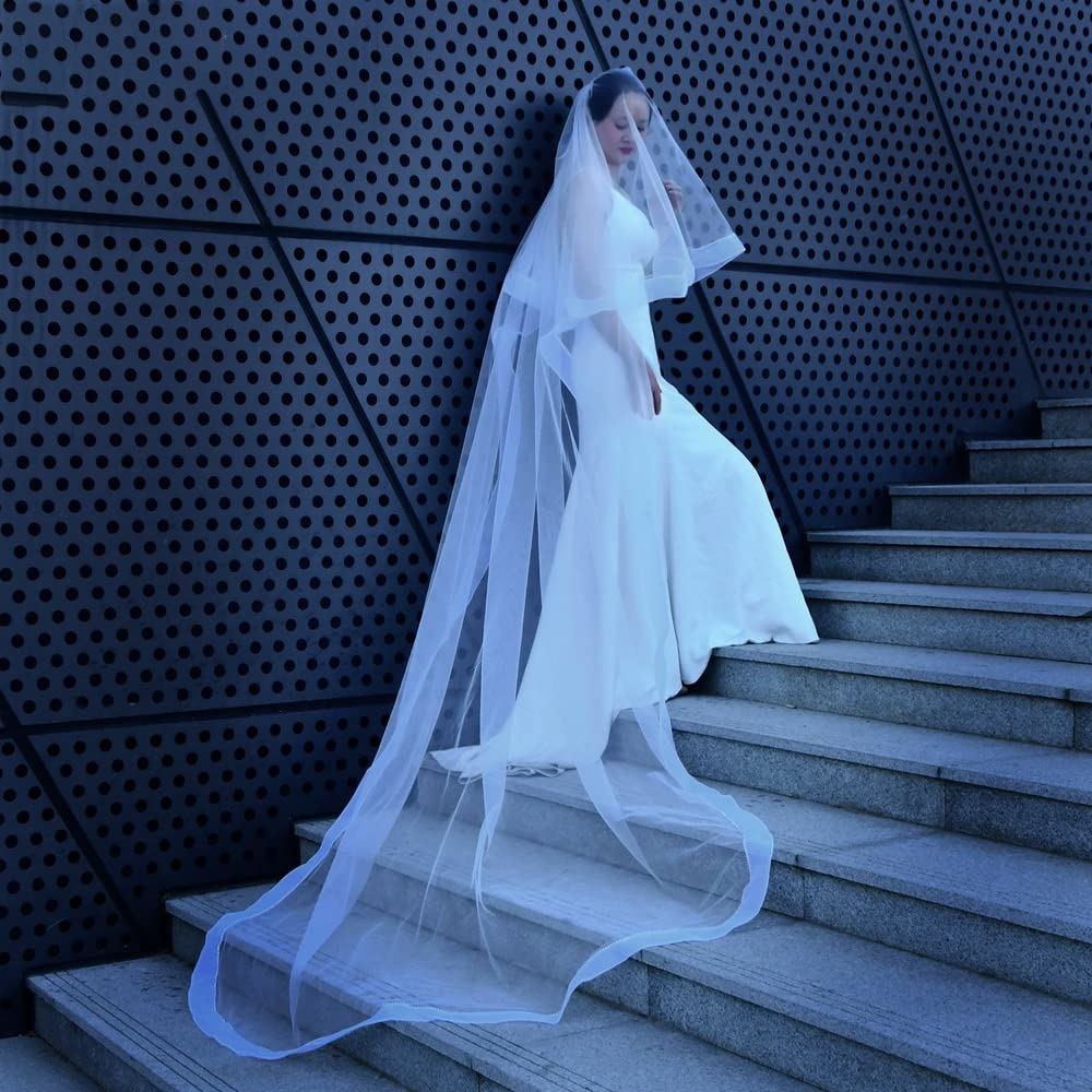 Nozze Long Wedding Veil Cathedral Length Veil 2 Tier Sparking Bride Veil with Blusher Rhinestone Edge Veiled Collection (Color : Ivory, Size : 200cm)