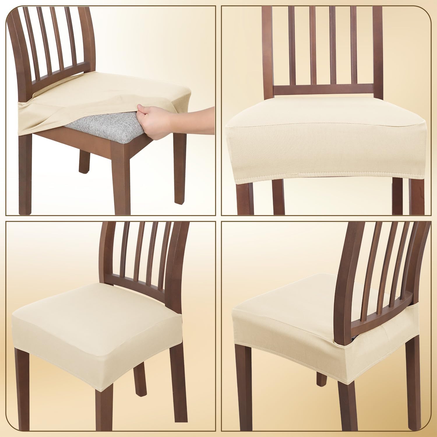 JQinHome Waterproof Dining Chair Seat Covers Set of 6 | Soft Removable Washable Chair Covers for Dining Room,Rear Gap Hook-and-Loop| Elastic Non-Slip, Full Rear Coverage | Beige