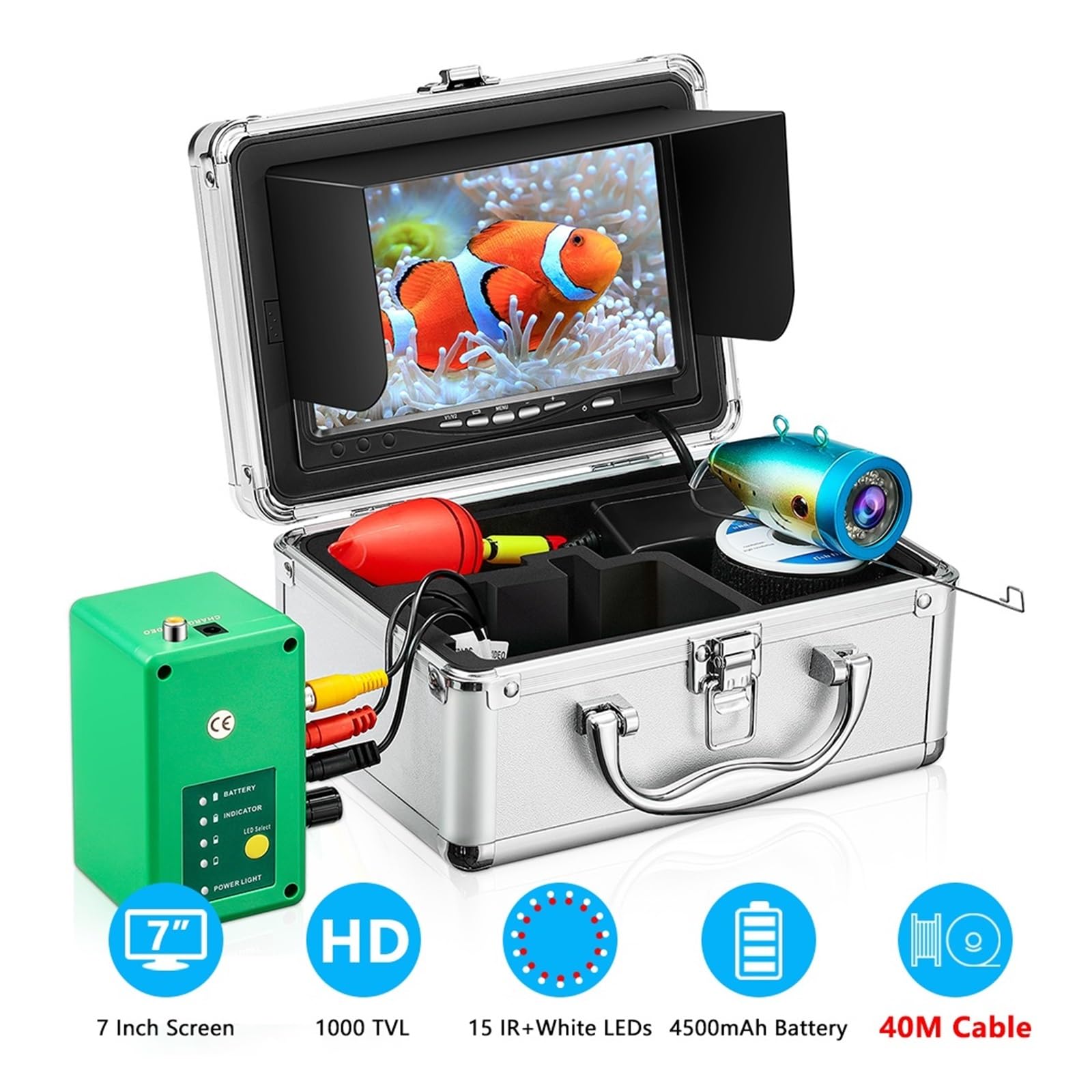 Cámara de Pesca, Kit de cámara Pesca subacuática portátil 30 LED, Compatible con DVR, Monitor 7 Pulgadas, Detector Peces vídeo, 1000TVL for en Hielo/mar