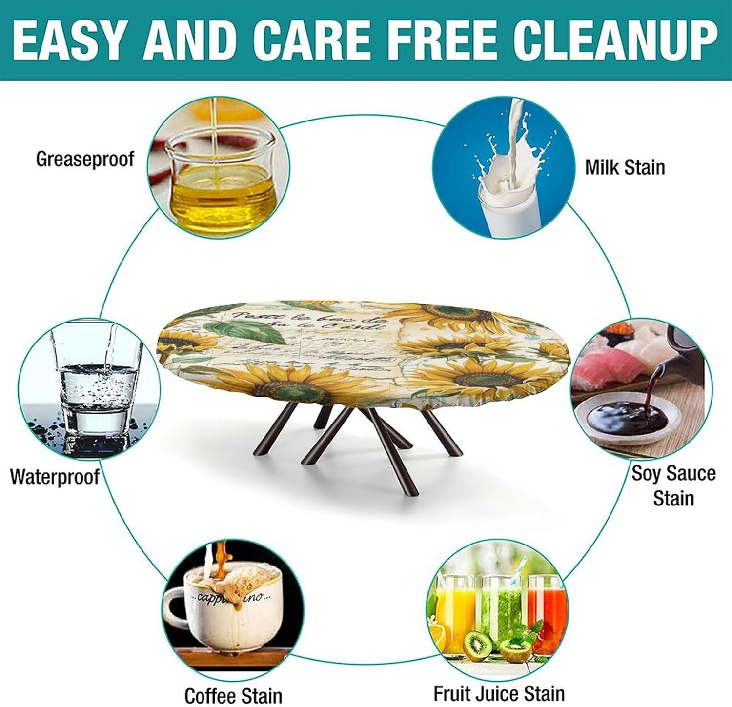 Sunflower Print Oval Tablecloth Waterproof & Stain Resistant Elastic Table Cloth Oval Tablecloth Table Covers for Dining Table Buffet Parties and Camping Fits for 48" x 68" Oval Table