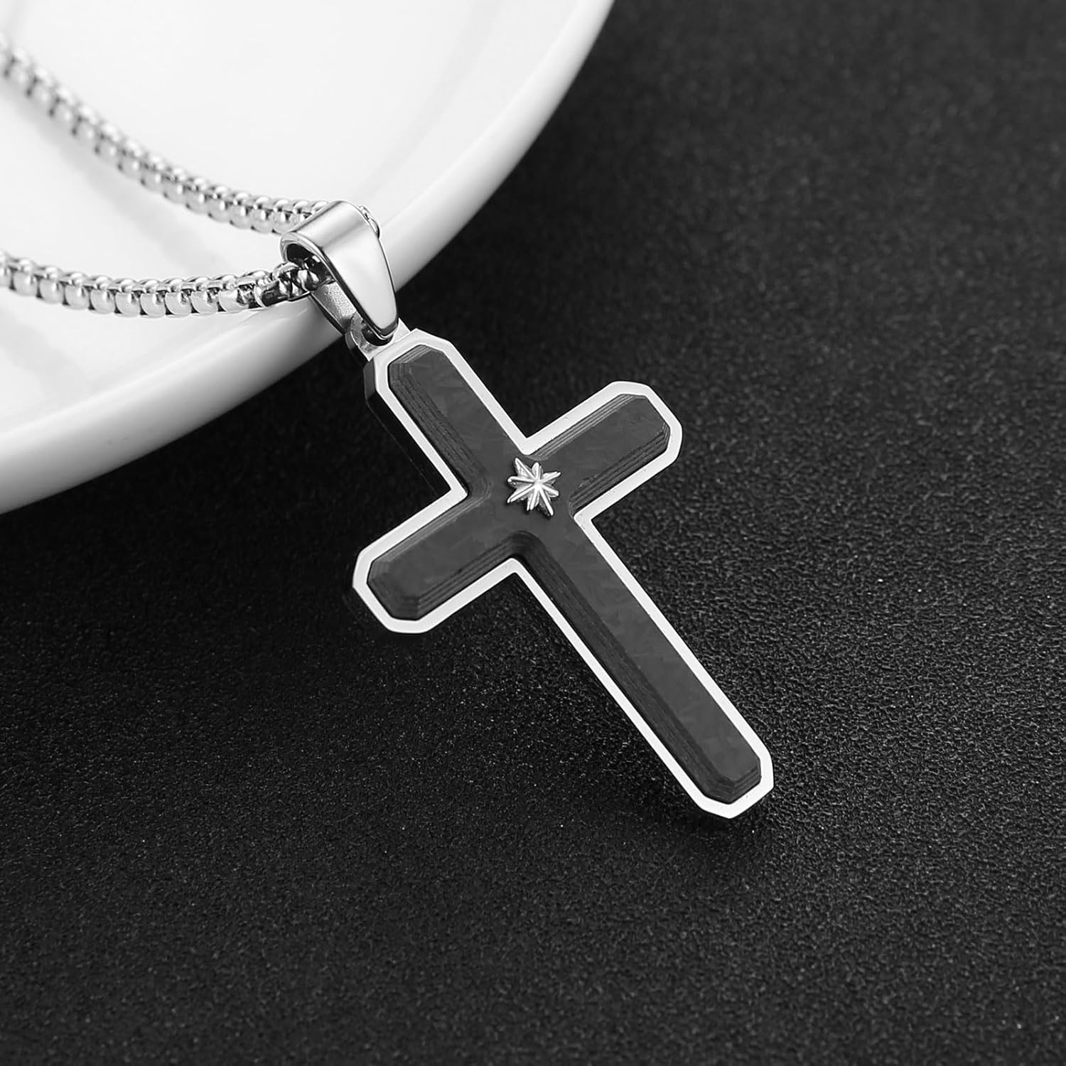 HZMAN Carbon Fiber Cross Necklace for Men Stainless Steel Christian Crucifix Pendant Includes Necklace 22+2" Box Chain - Image 3