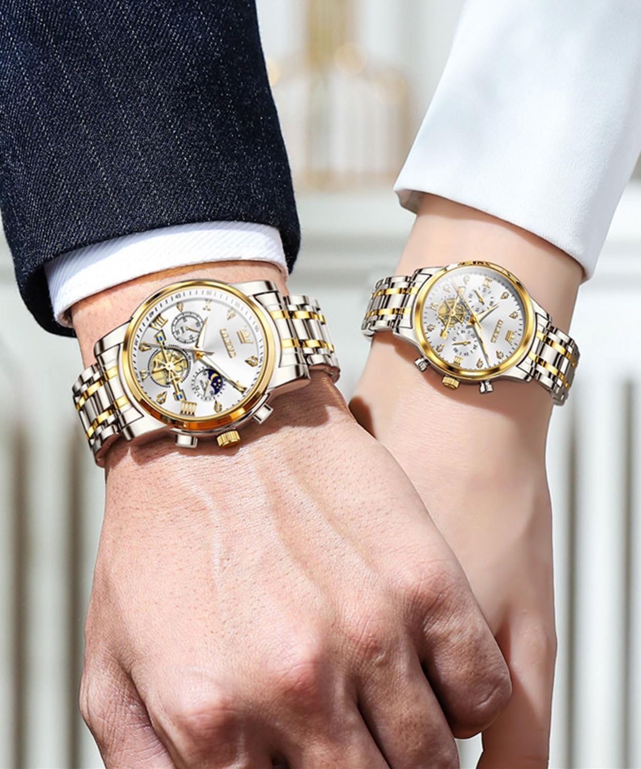 OLEVS Juego de relojes para parejas para hombre y mujer, reloj a juego con diamantes románticos para el día de San Valentín