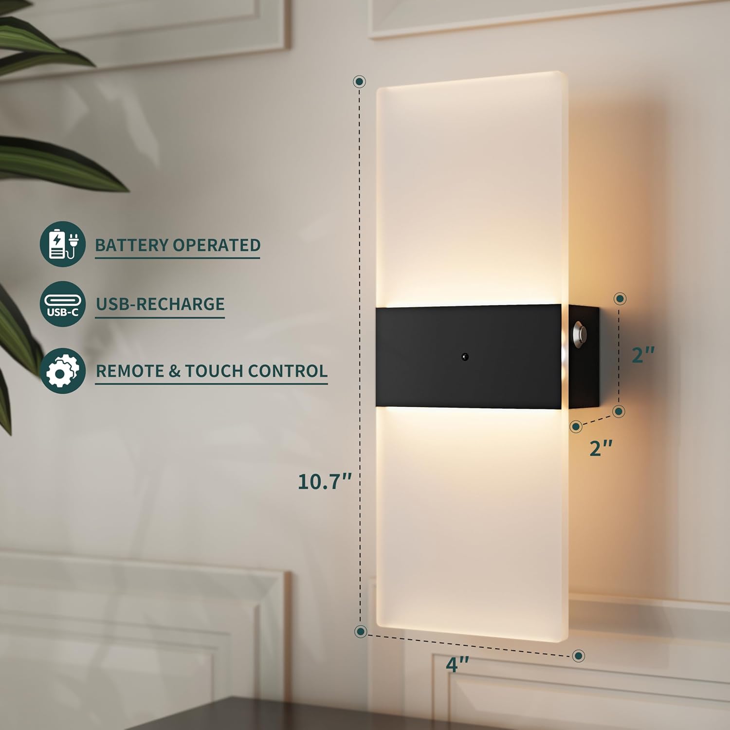 Battery Operated Wall Sconce Set of 2, Rechargeable Wireless Wall Light with Remote Control, Easy Install, 3CCT Dimmable LED Sconces Wall Decor for Living Room, Bedroom, Hallway, Entryway, Black Base