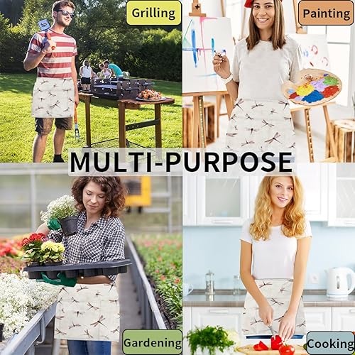 Miniatura 5 de KOBLEN Paquete de 3 delantales de libélulas de estilo japonés con 3 bolsillos, impermeables, delantales de media cintura para mujer, para cocinar,