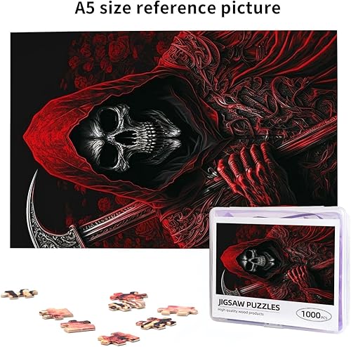 Miniatura 6 de HERRECX Rompecabezas de 1000 piezas  Skull Grim Reaper Sickle Dark Gothic Red Wood Puzzle para adultos, adolescentes, juego familiar, juguetes